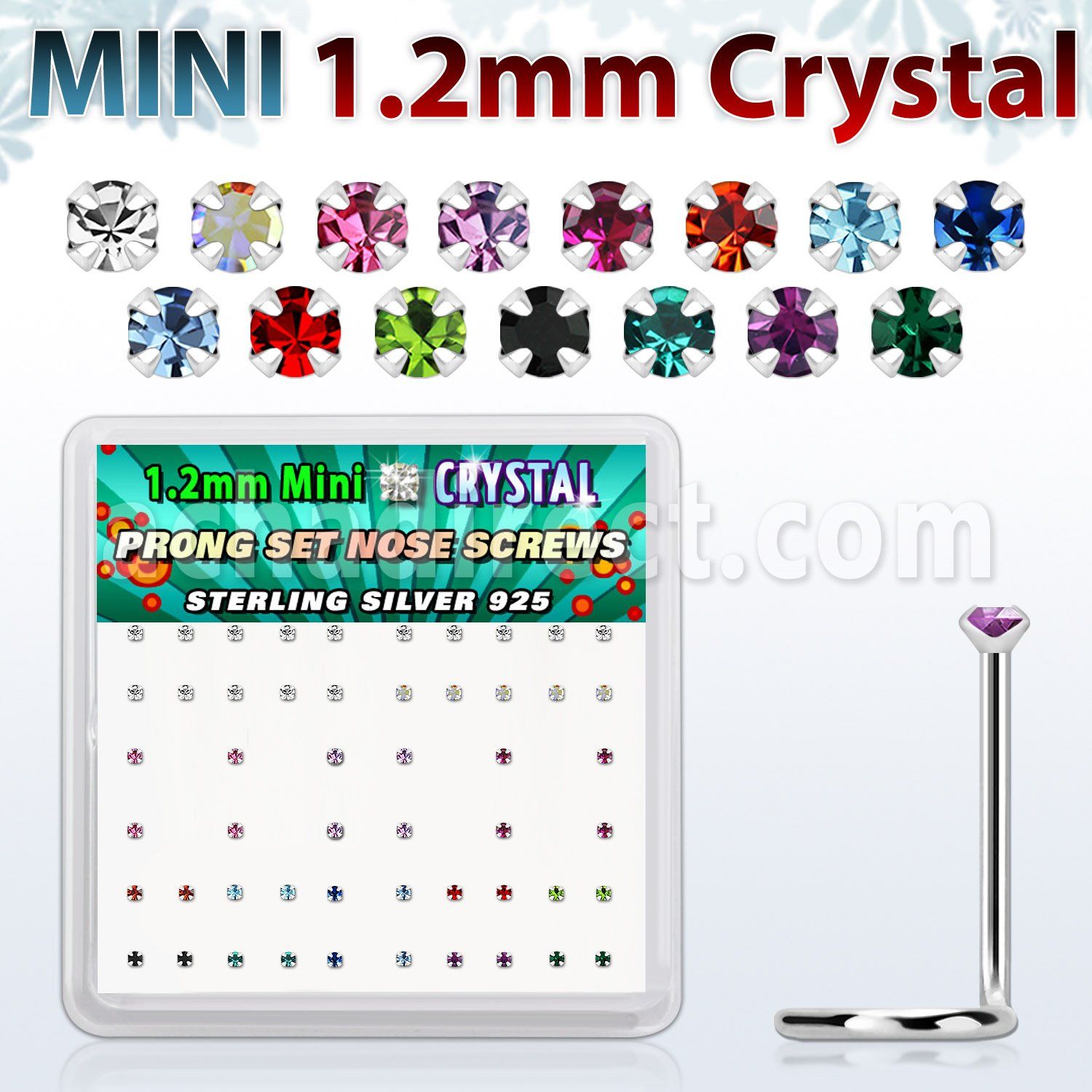 box silver nose scews w 1.2mm color prong set crystals