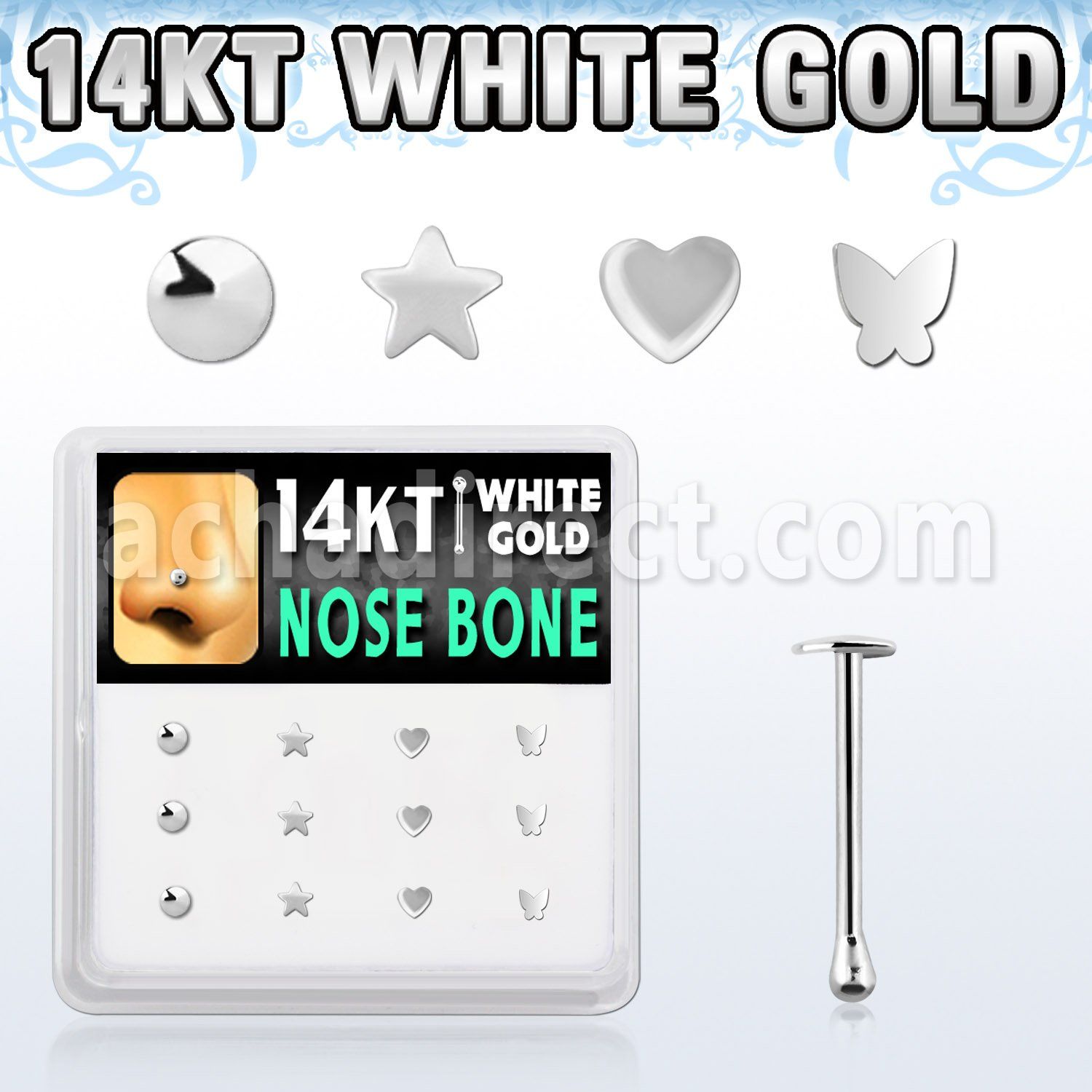 box w 12 white gold nose bones w mixed shaped tops