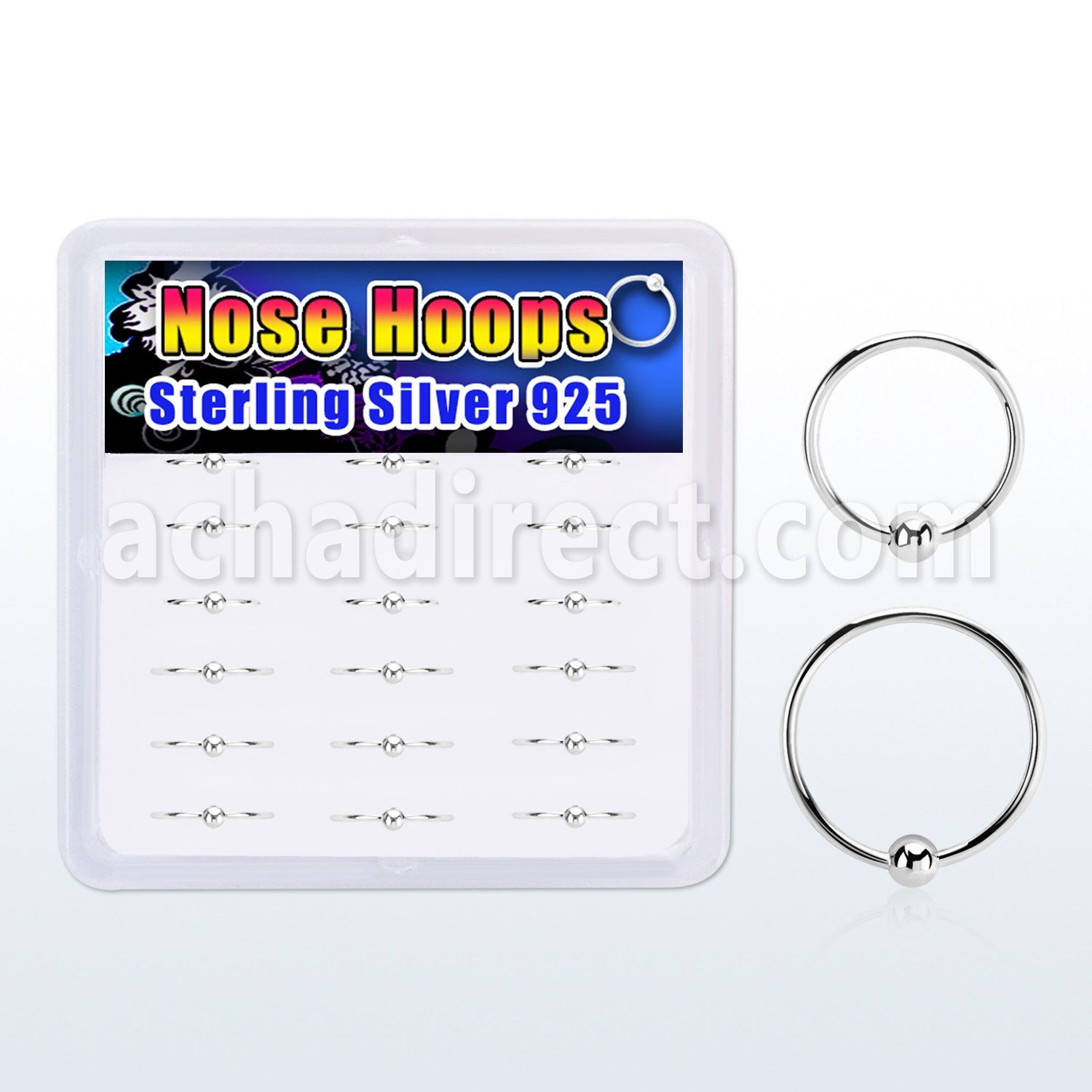 box w 18 pcs. of 925 silver nose hoops w a single ball