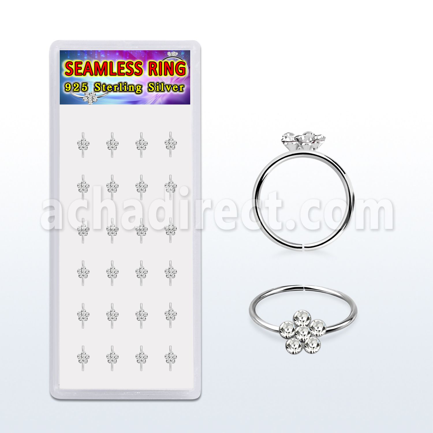 box w 24 silver seamless nose hoop w clear crystal flower