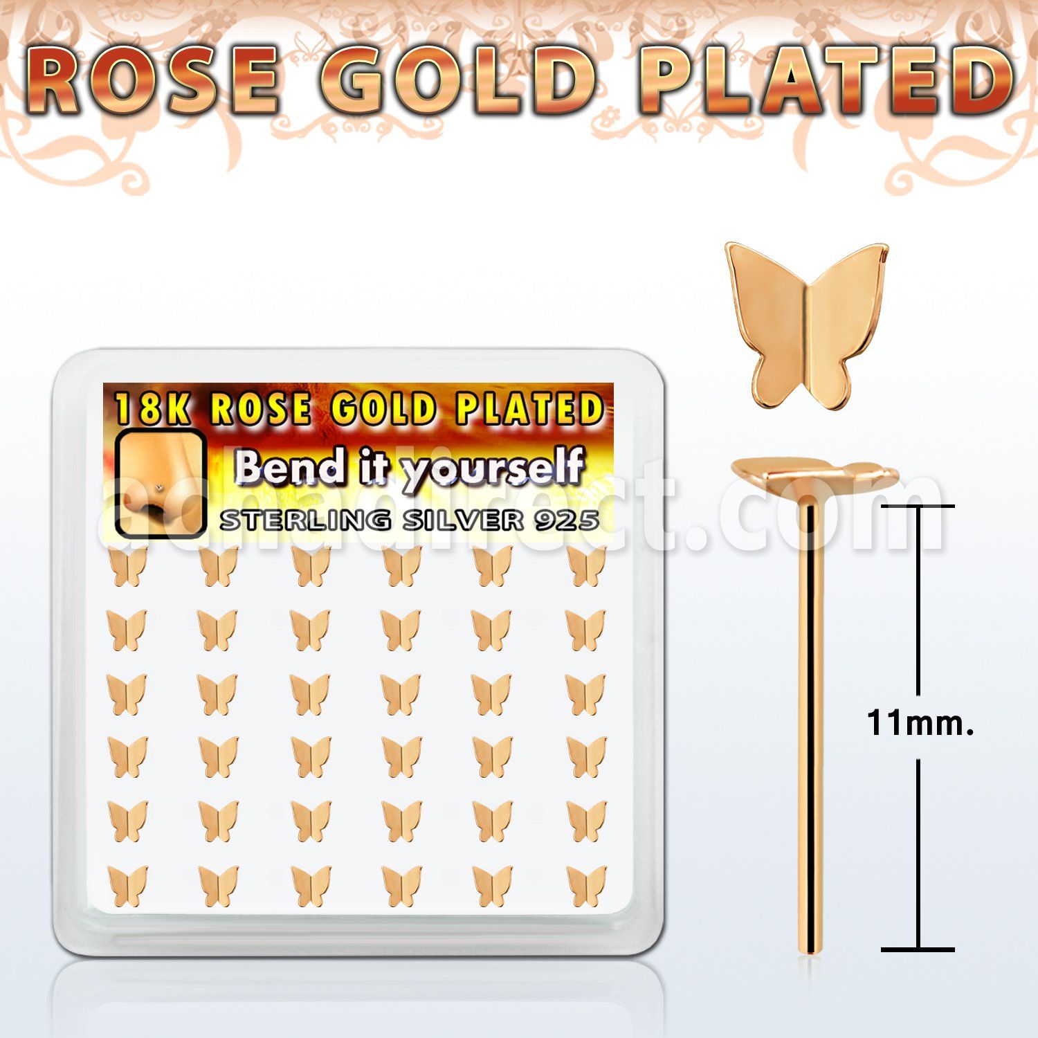 box w rose gold silver bend it nose studs w butterfly