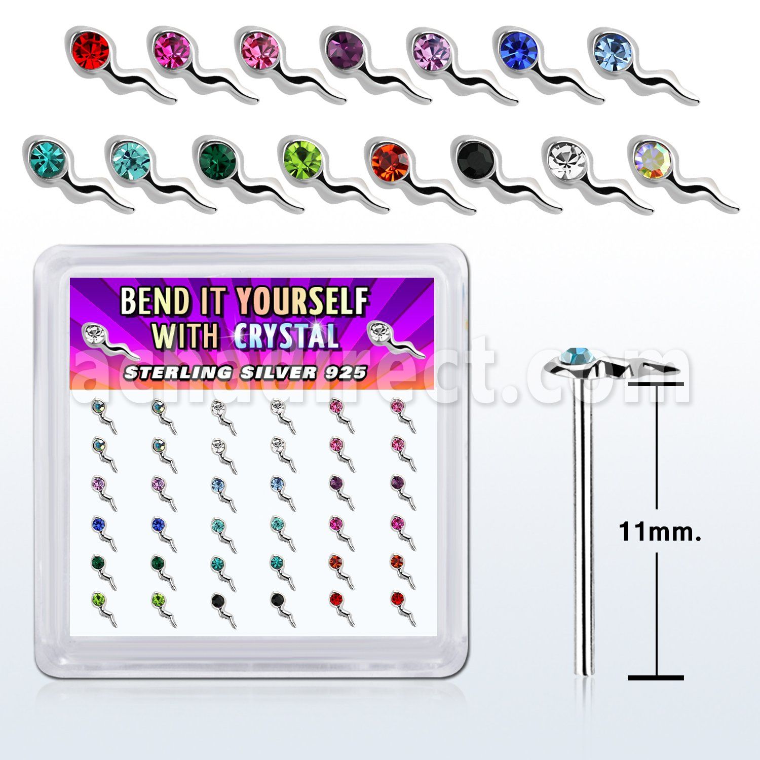 box w silver bend it nose stud w sperm shape crystal top