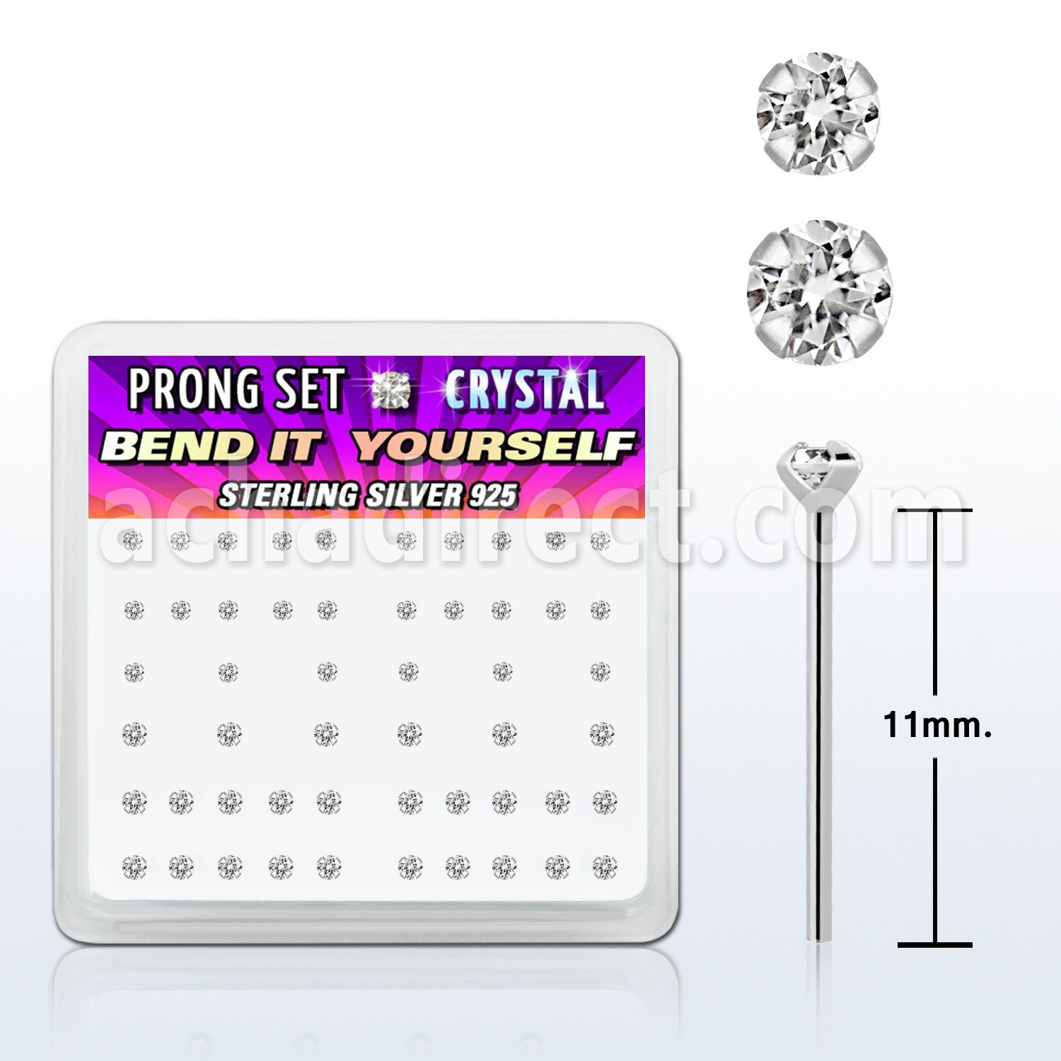 box w silver bend it nose studs 1.5 & 2mm clear crystals