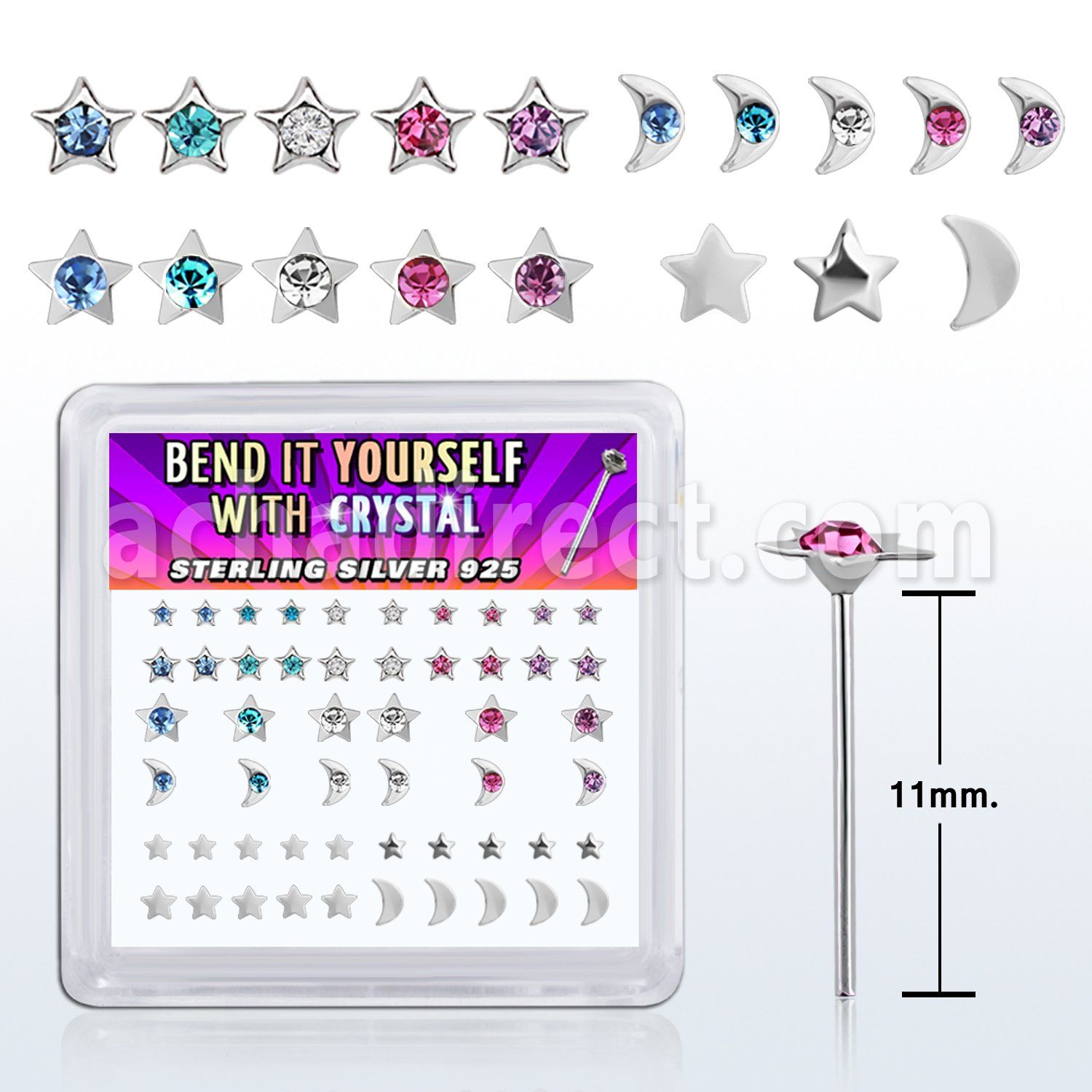 box w silver bend it nose studs w star & moon shaped tops