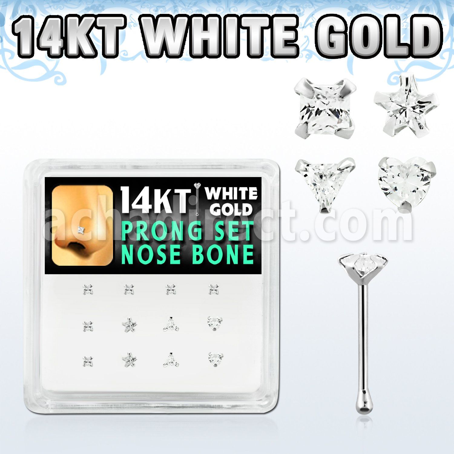 box w white 14kt gold nose bones w assorted prong set cz 
