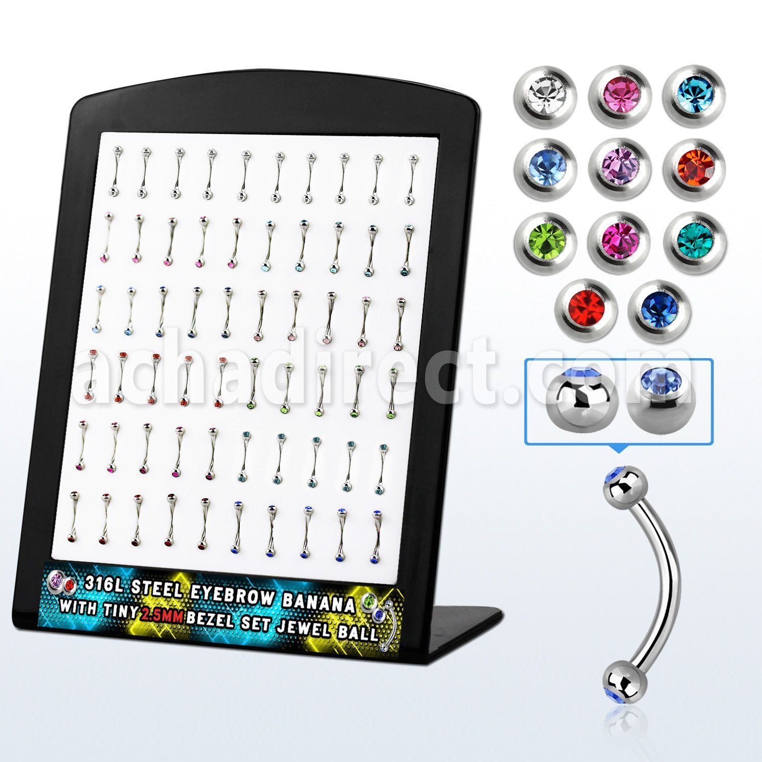 brbjmx4 display w 316l steel eyebrow bananas w 2 5mm jewel ball