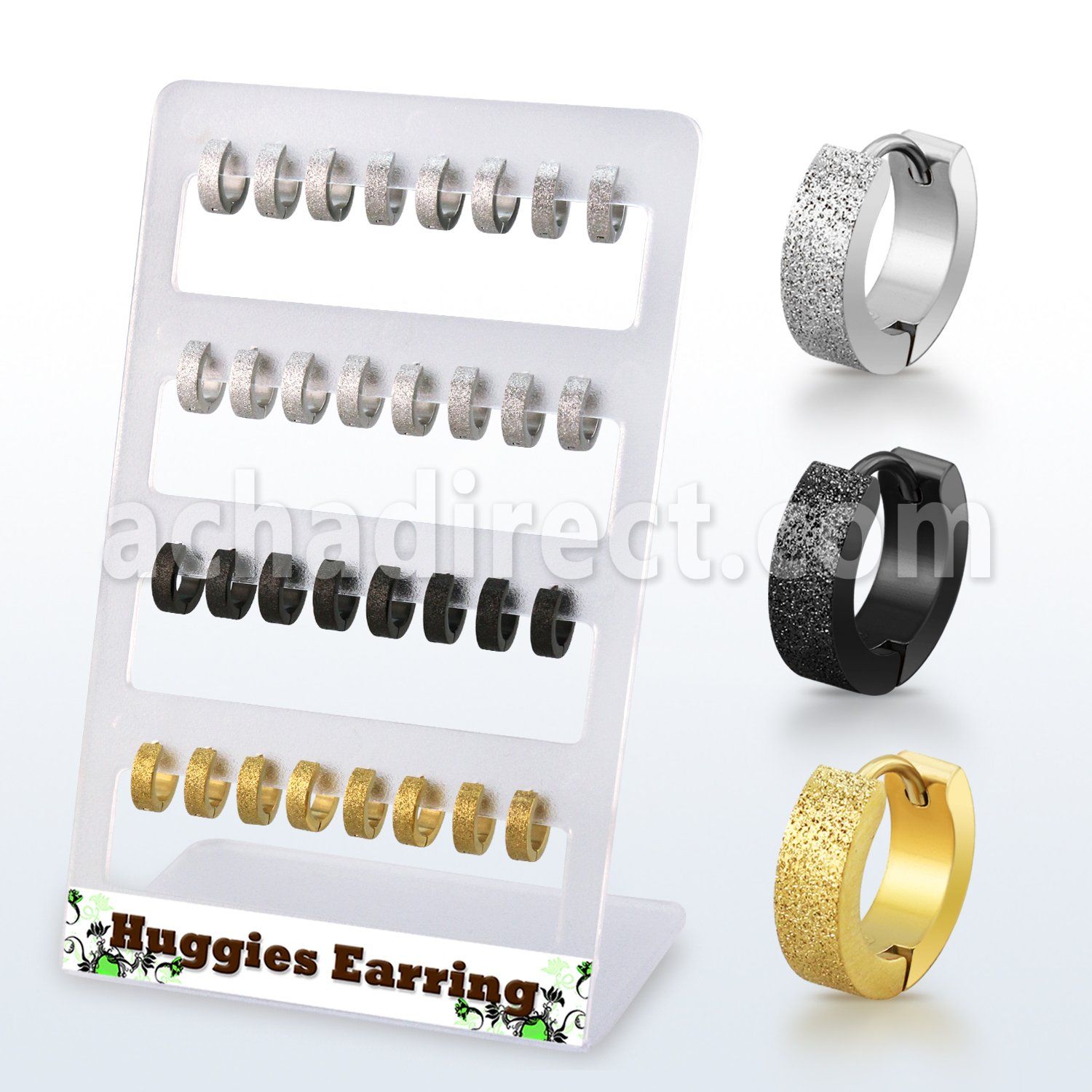 brer31 display w black and gold steel huggie w a frosted effect