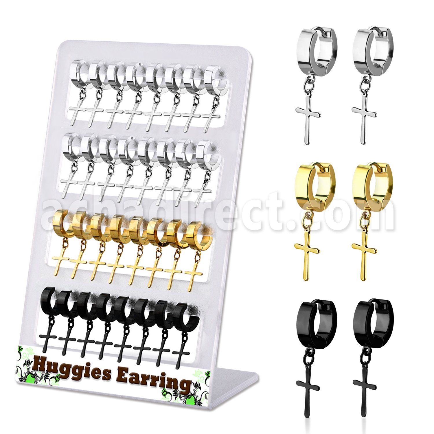 brer36 display w plain, gold black steel huggies w cross