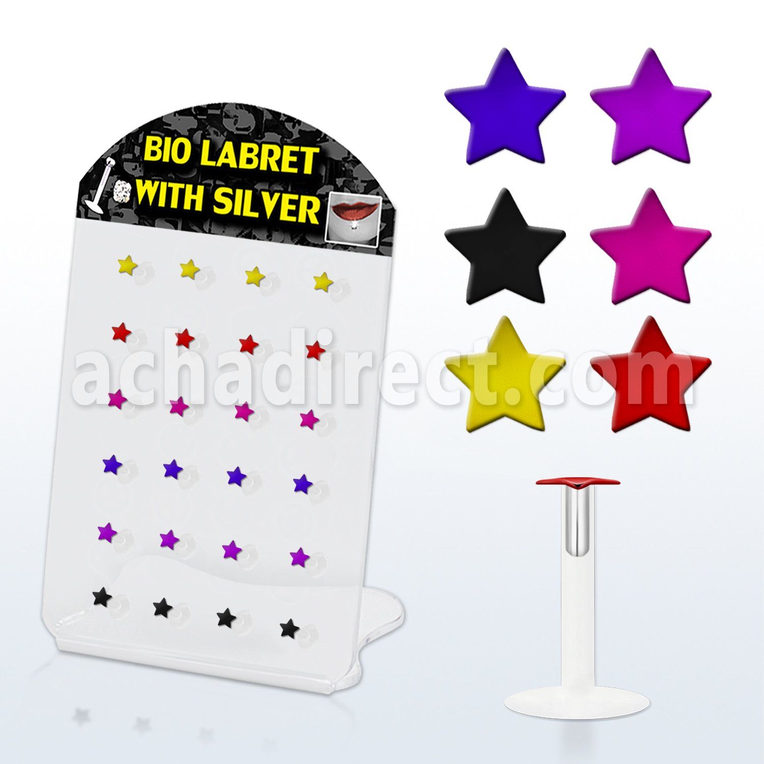 brlbi14 clear bioflex labret with color plated silver star top