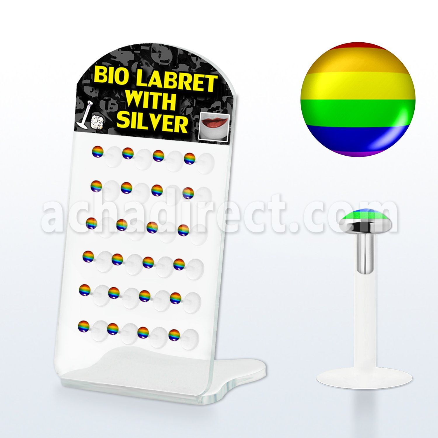 brlbi25 bioflex labret with flat silver top w gay pride