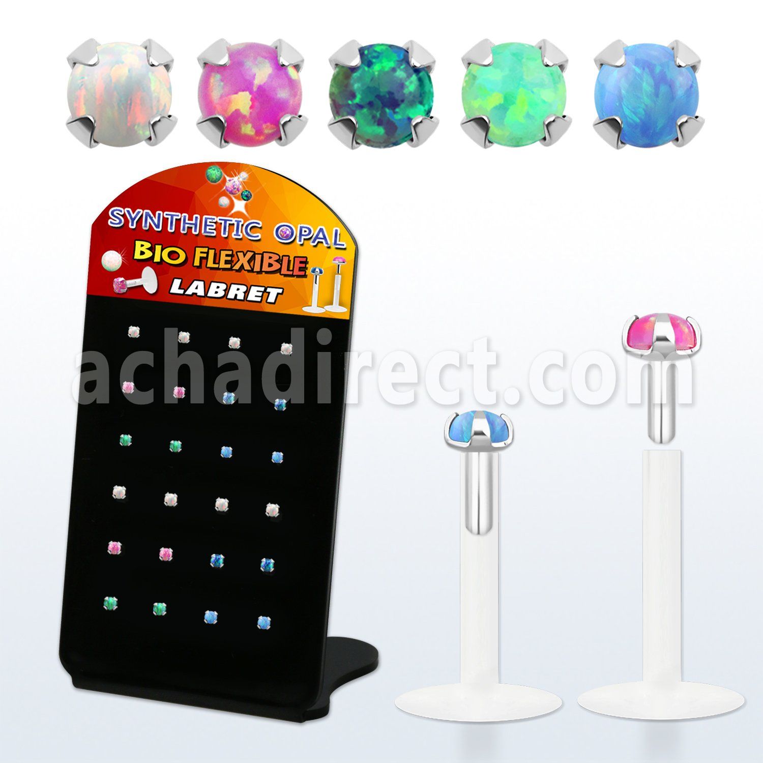 brlbi52 display w bio flex labret w prong set 1.5 2mm opals