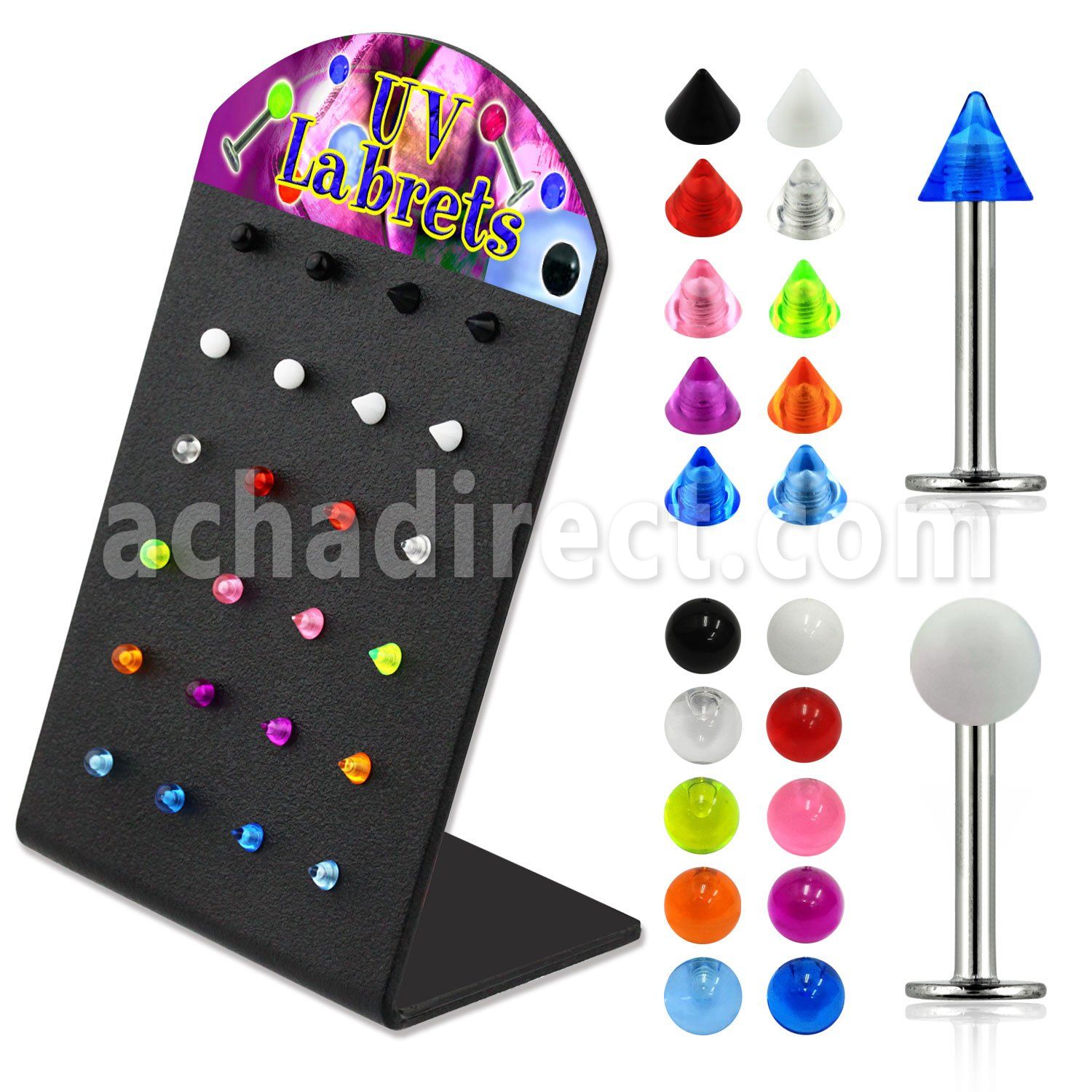 brlbuv3 316l steel labret with 3 acrylic uv ball and cone