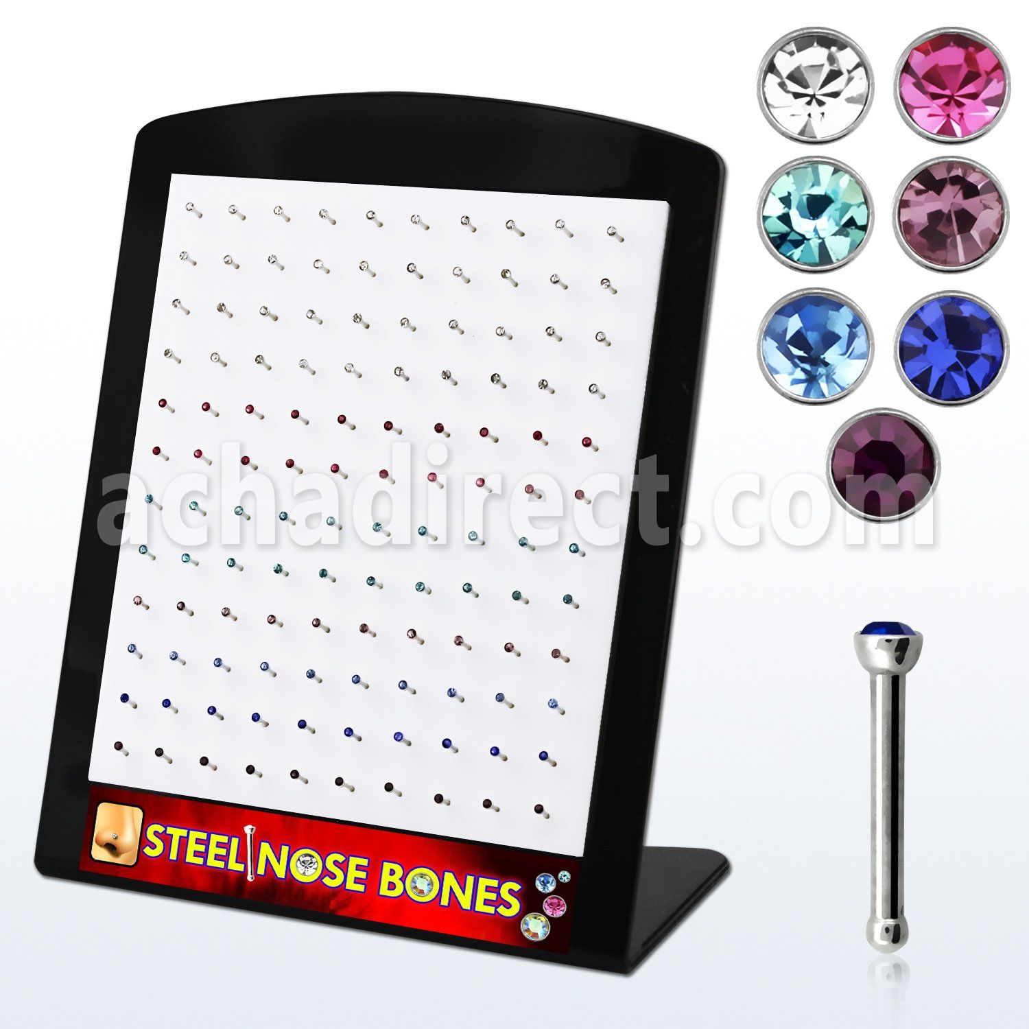 brnbs20m board of 316l steel nose bones w 2mm round crystal tops