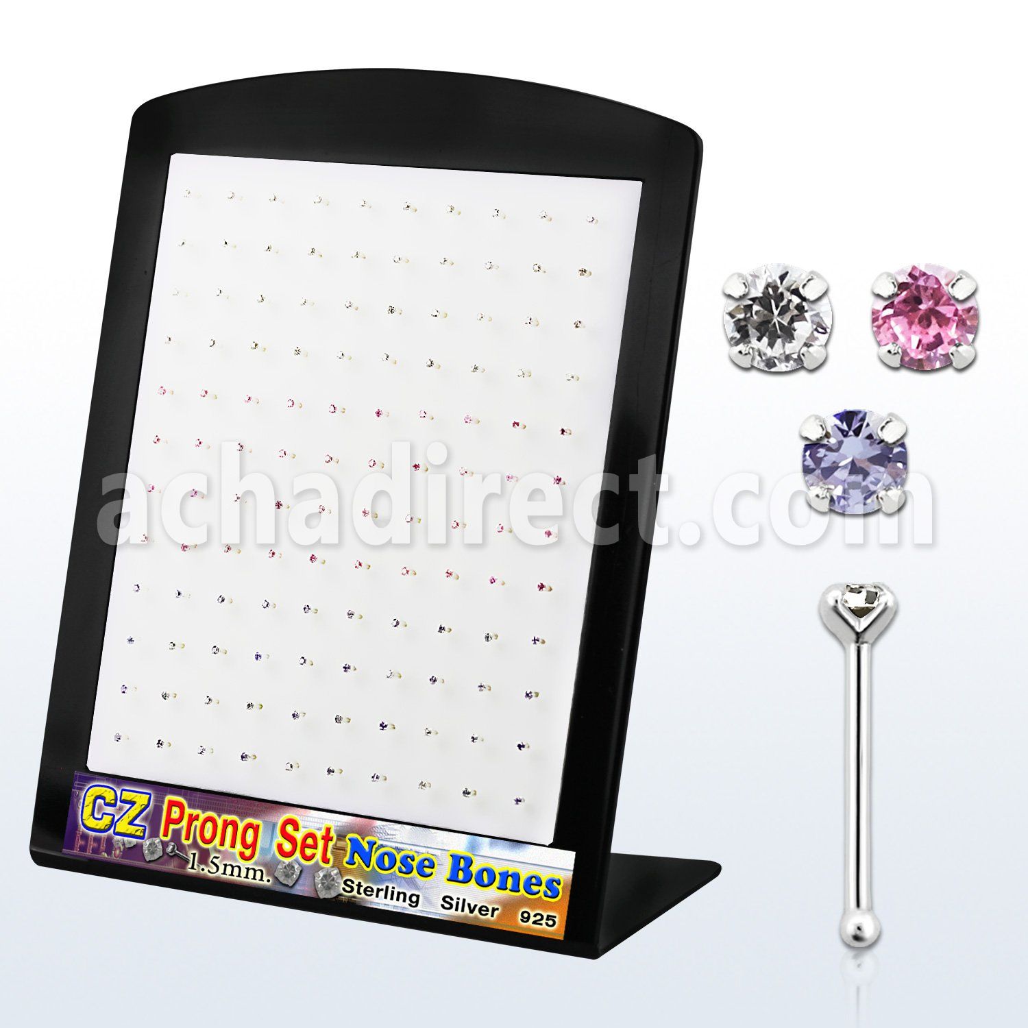brnbzm silver nose bone with prong round assorted colored cz