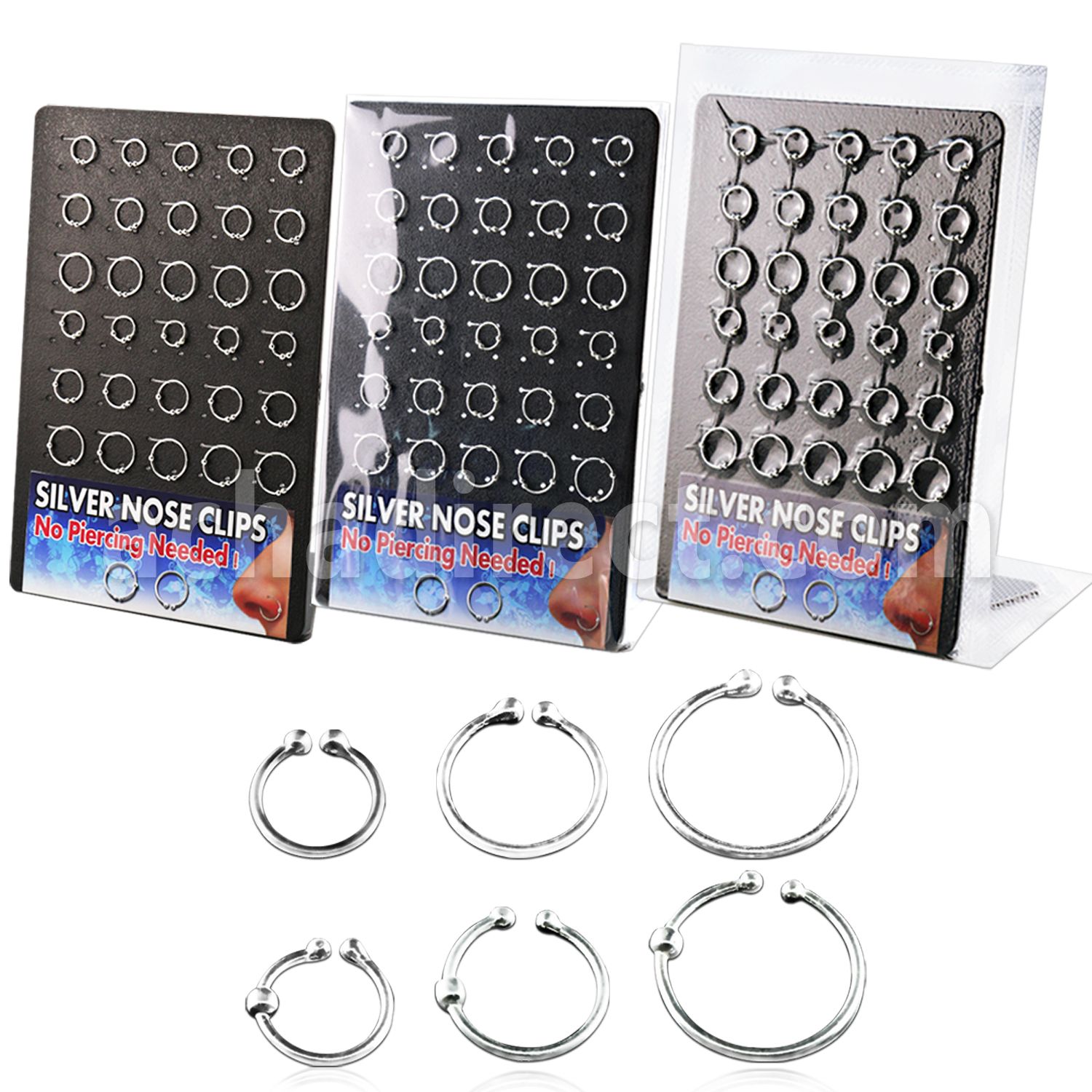 brncm1 display of silver fake nose clips in assorted sizes