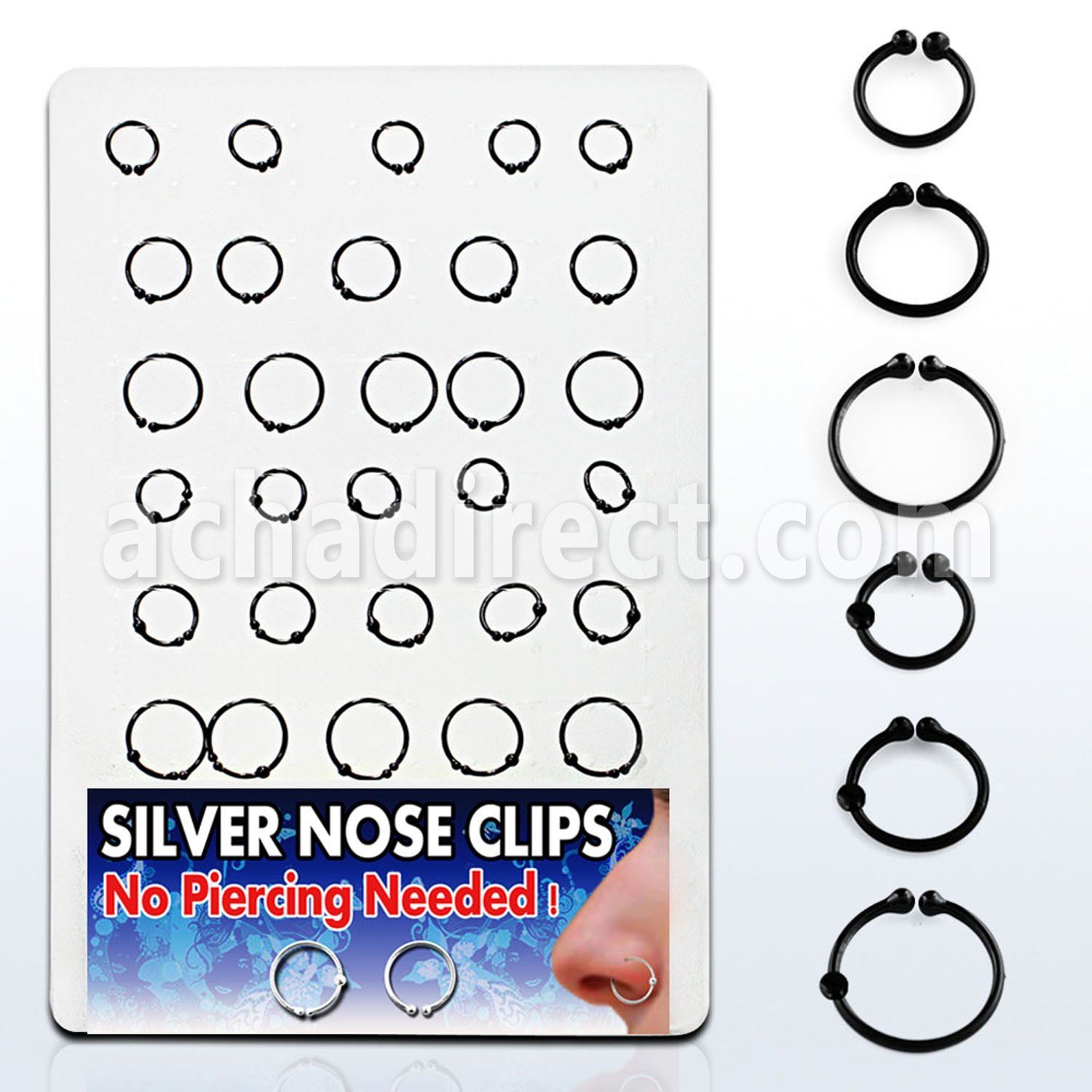 brncp1 display of black color plated sterling silver nose clips