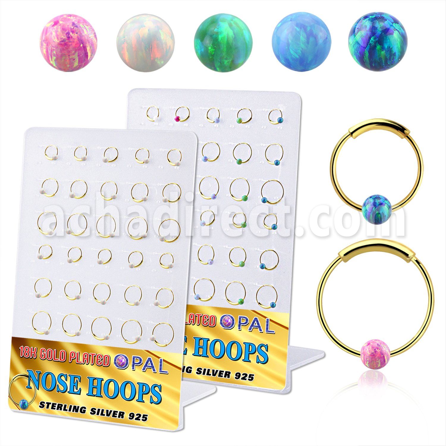 brnhm46 board w 30 gold silver endless nose hoop w 3mm opal ball