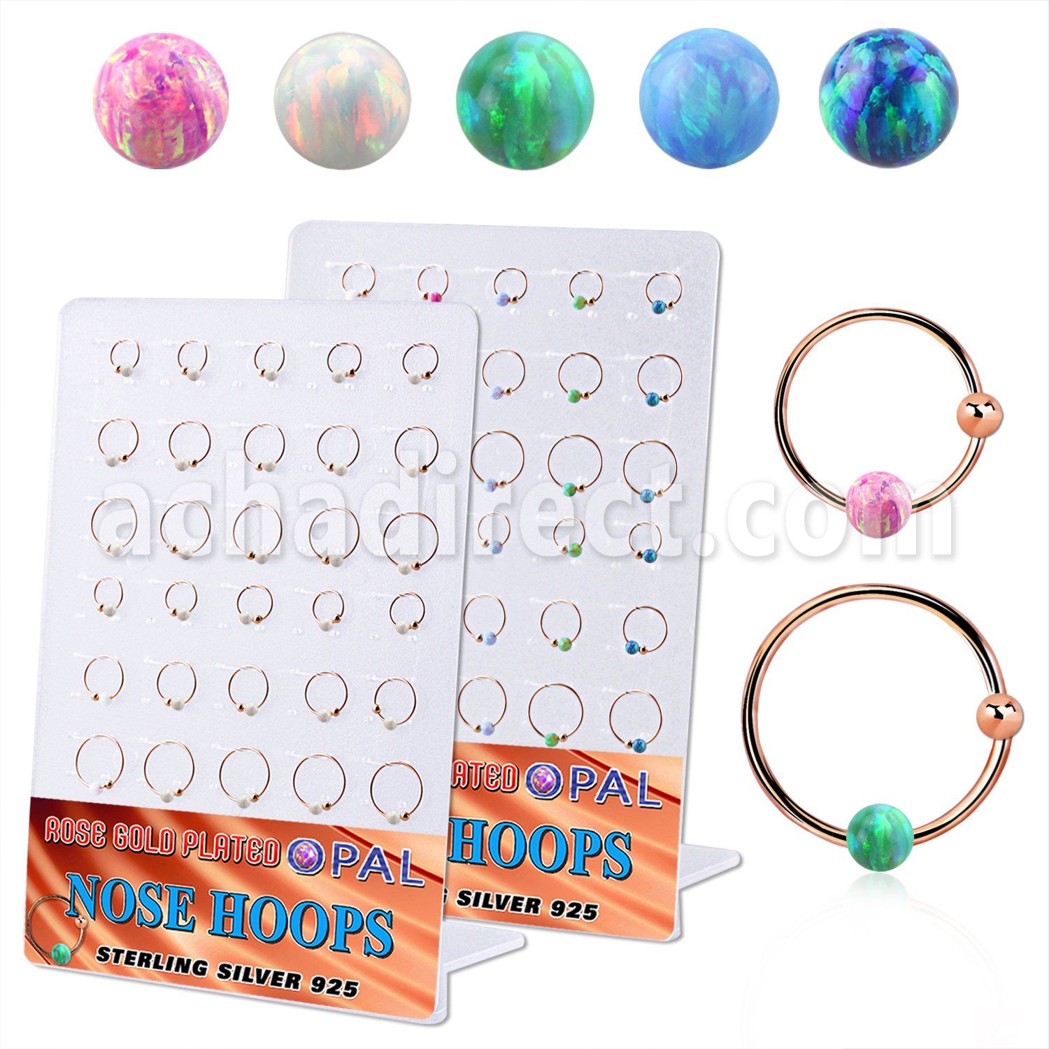 brnhm48 board w 30 rose gold silver nose hoops w 3mm opal ball