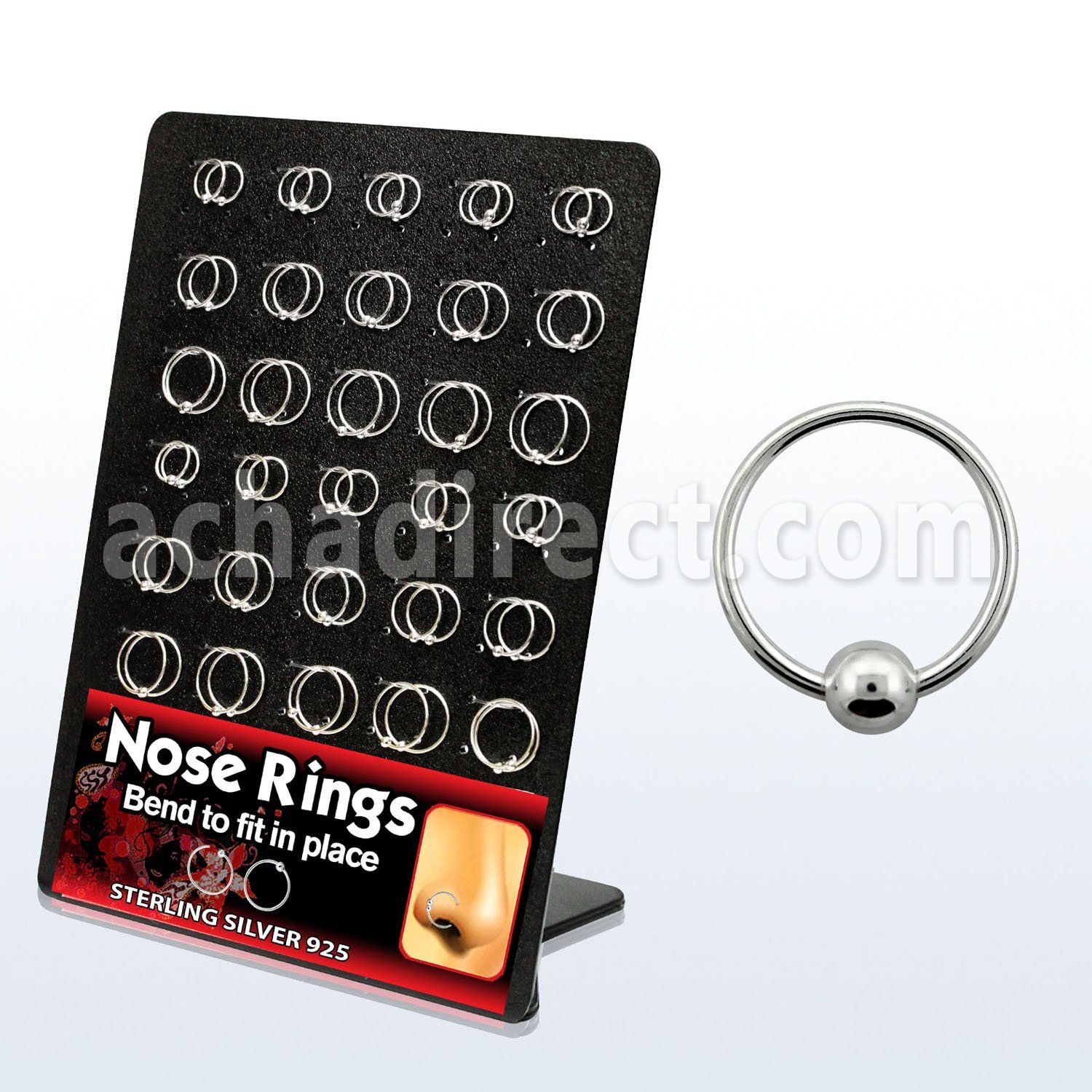 brnhm6 board of sterling silver nose hoops with ball in 8 12mm