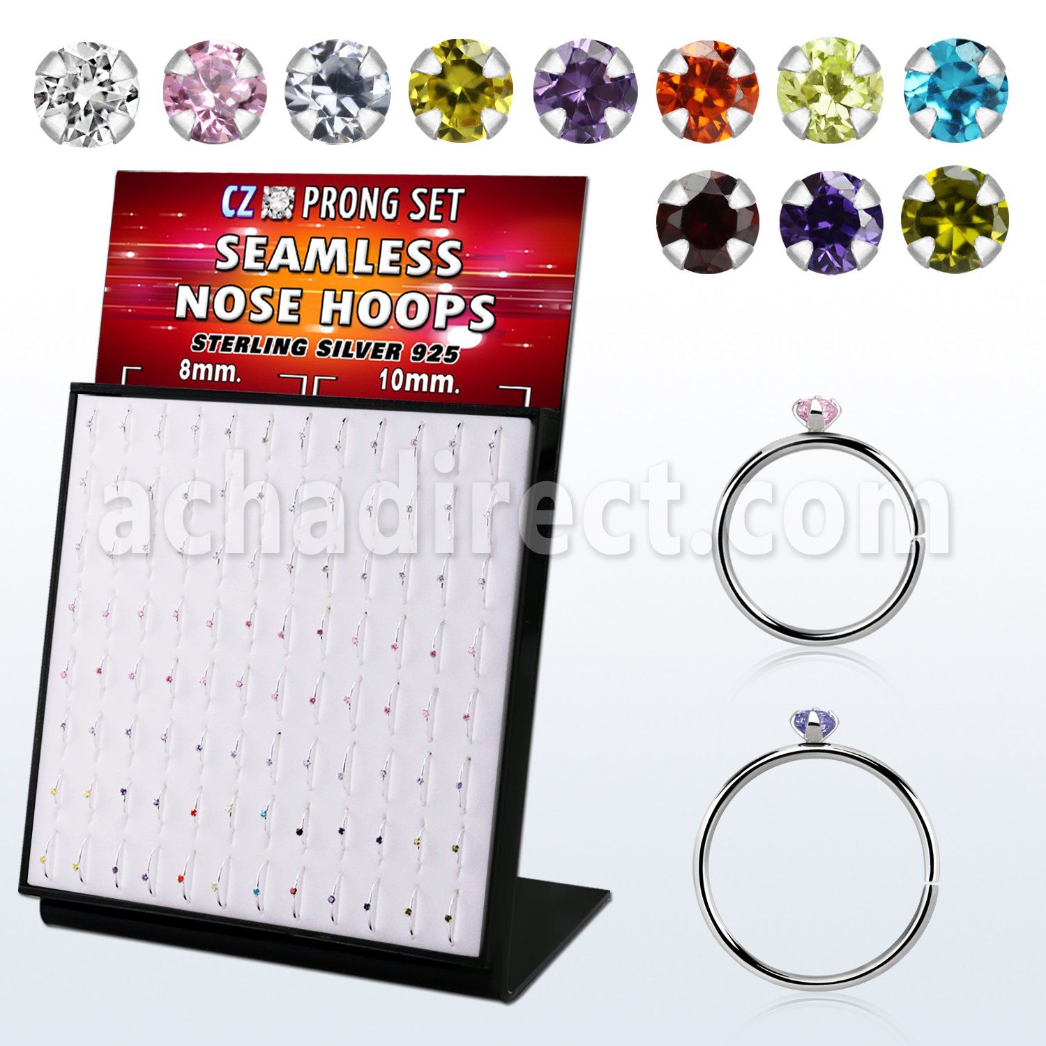 brnhmx35 board w 96 silver seamless nose hoop w 1.5mm assorted cz