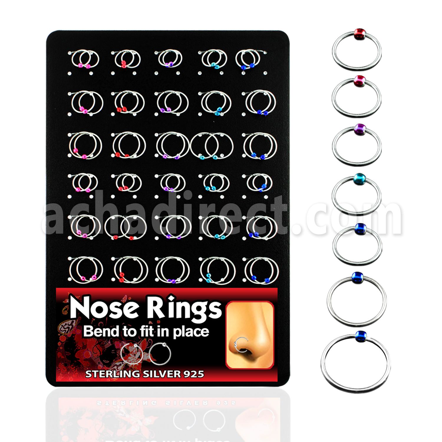brnhp7 display of 925 silver nose hoops with color plated ball