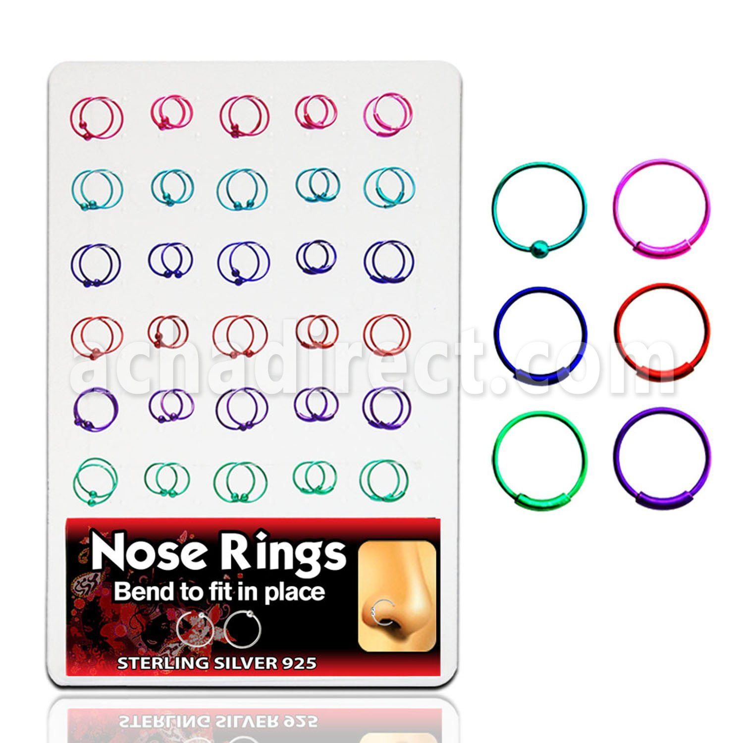brnhp8 925 silver nose hoops with w o ball in plated colors