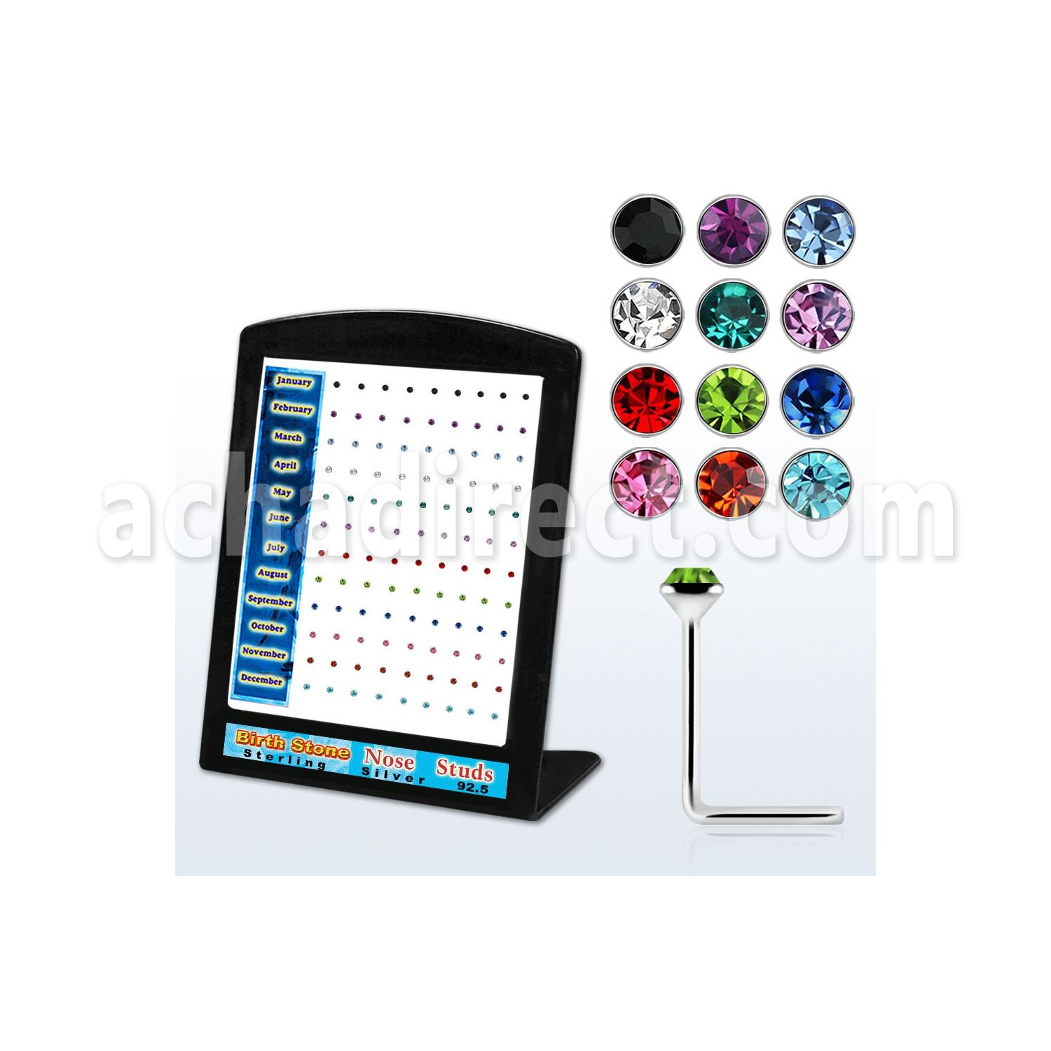 brnsbt silver nose stud with birthstone colored crystal top