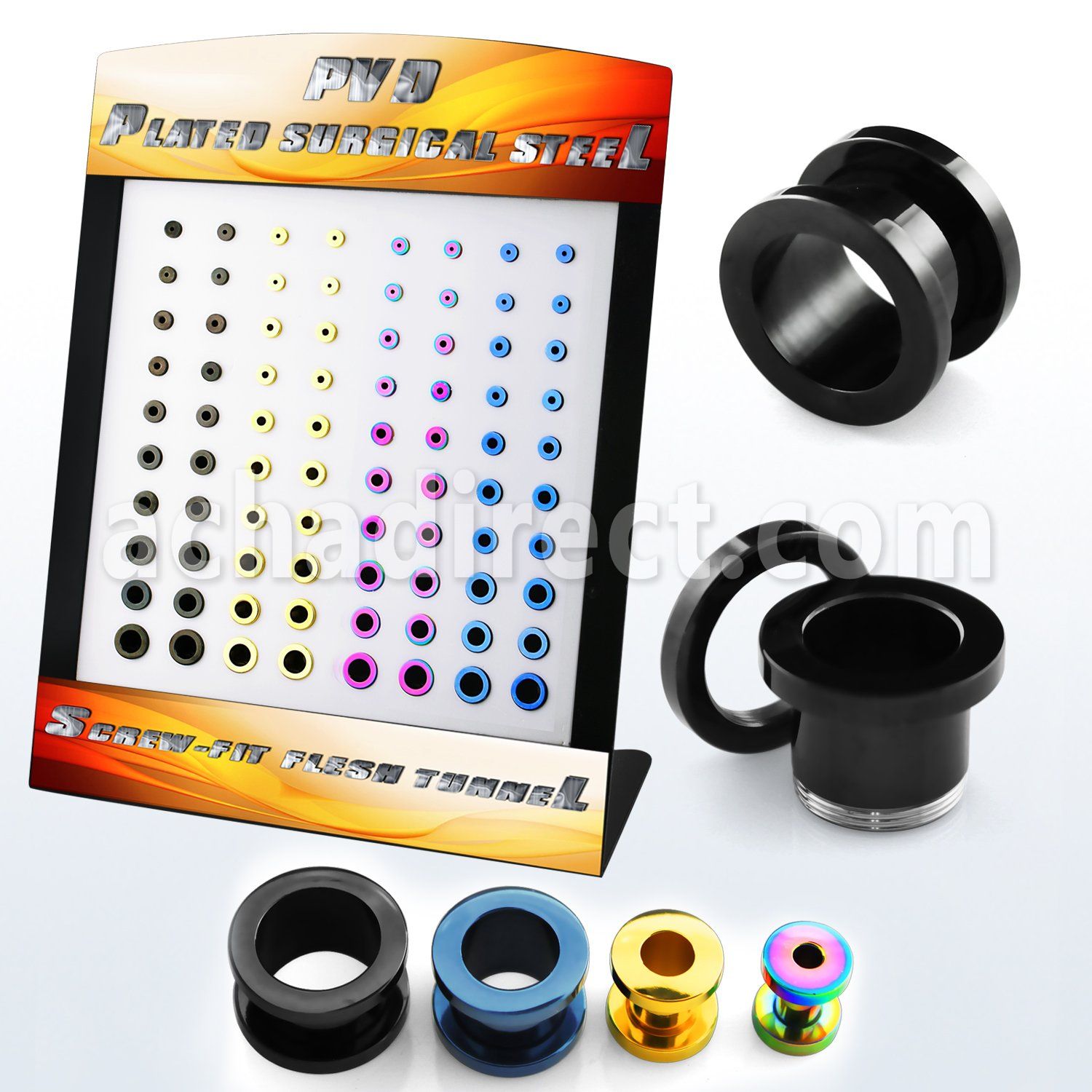 brpg182 display w 80 pcs. of pvd plated steel flesh tunnels