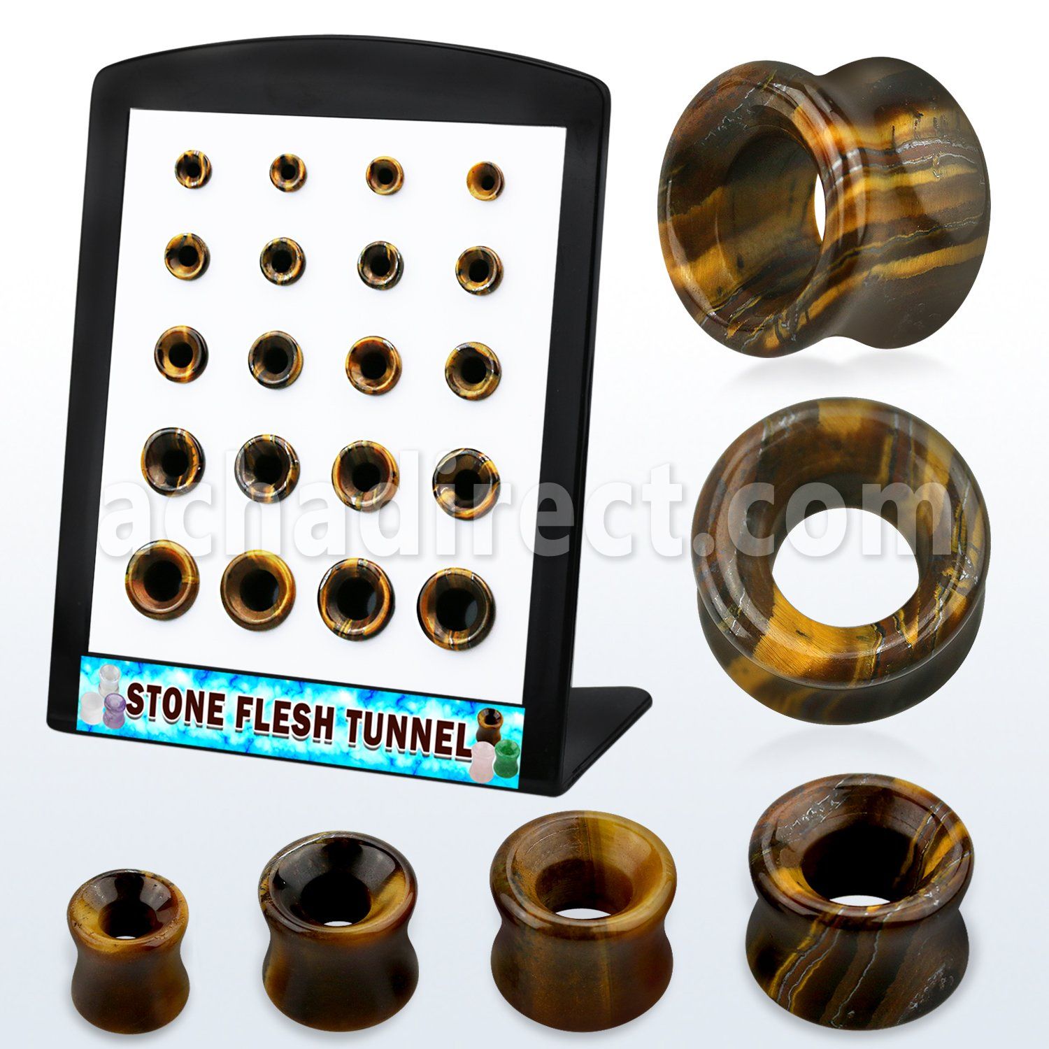 brpg190 display w of double flared tiger eye stone flesh tunnels