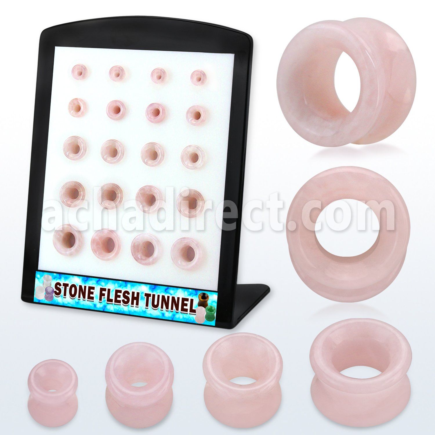 brpg193 display w of double flare rose quartz stone flesh tunnel