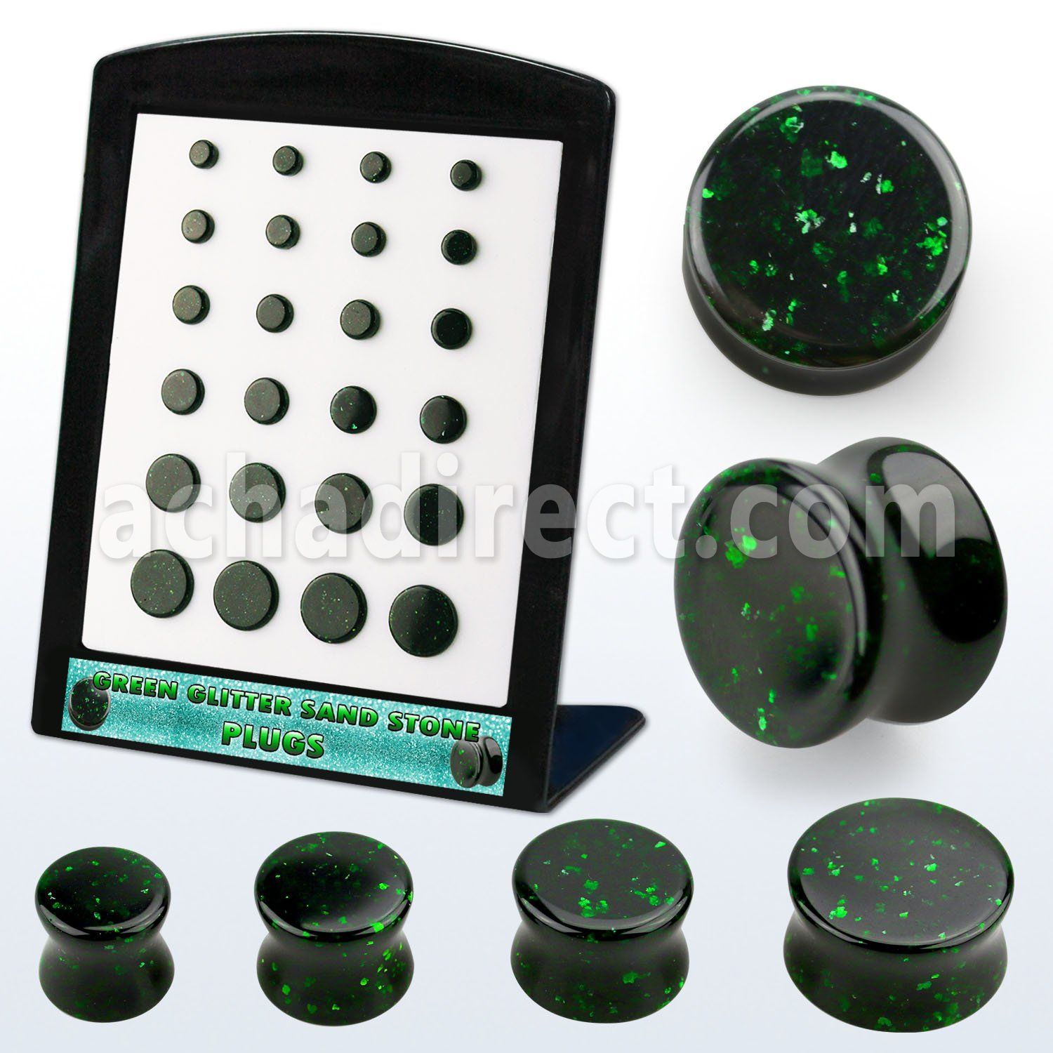 brpg209 display w green glitter sand stone double flared plugs