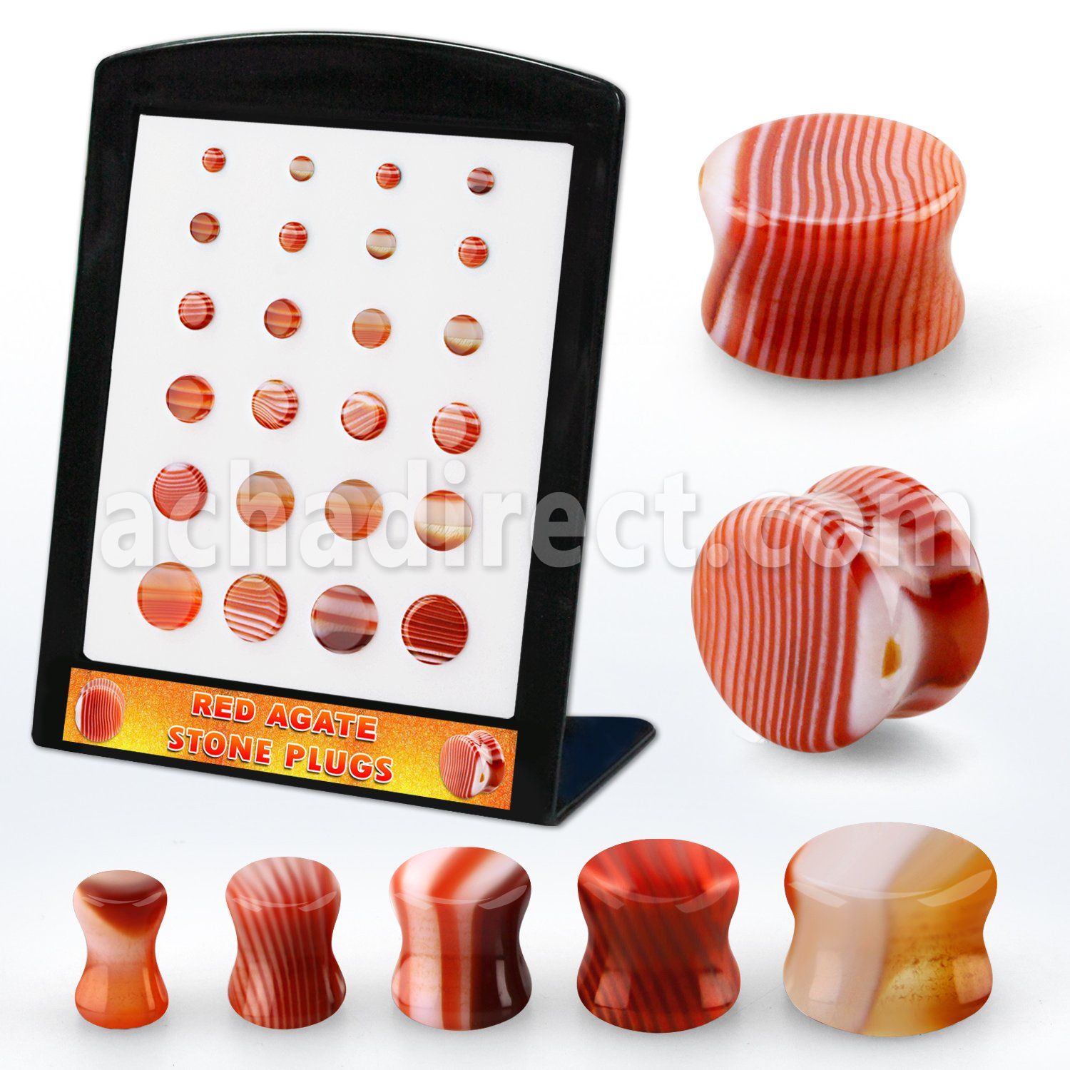 brpg216 display w 24 pcs. of red agate double flared stone plug