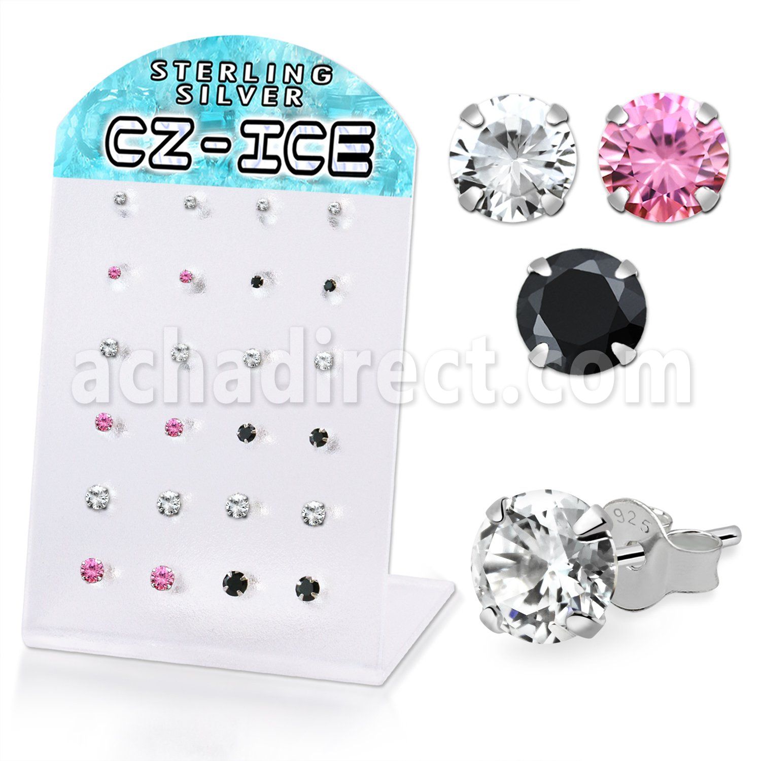 brsczs2 silver ear studs 2mm to 4mm color cz 12