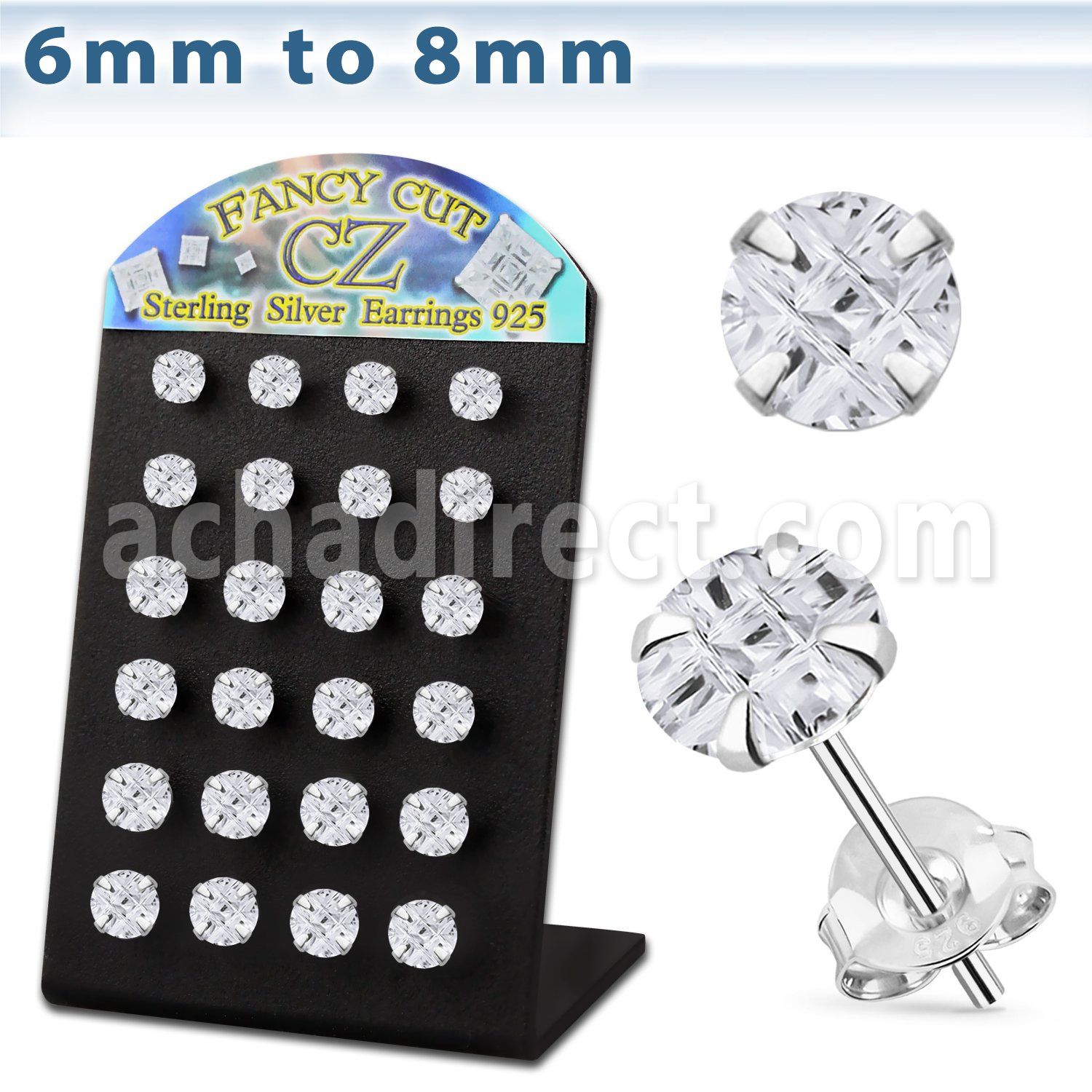 brsv9 silver ear stud w 6 8mm round prong cz stone