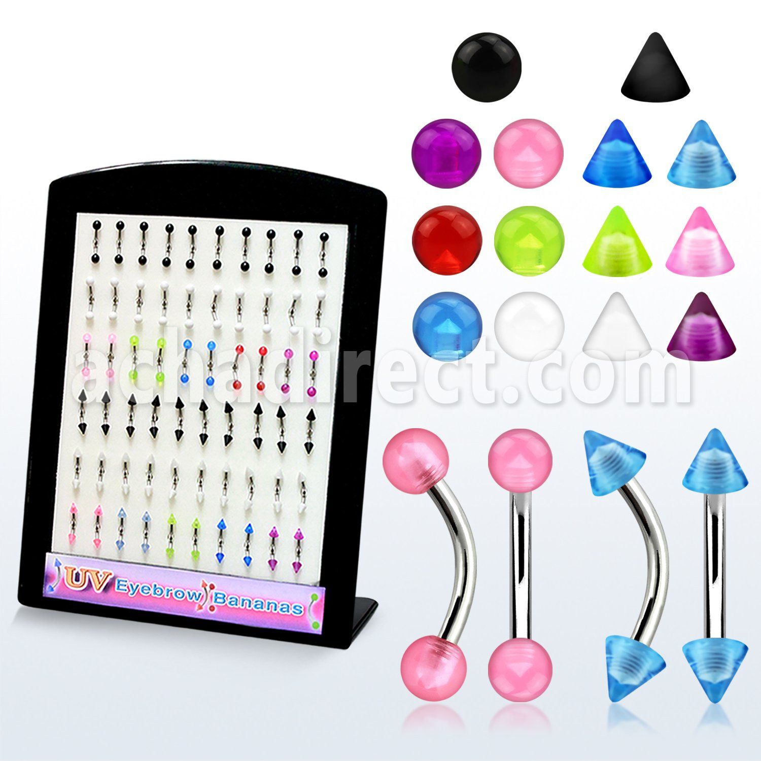 bruv3b banana eyebrow ring with colored uv reactive ball cone