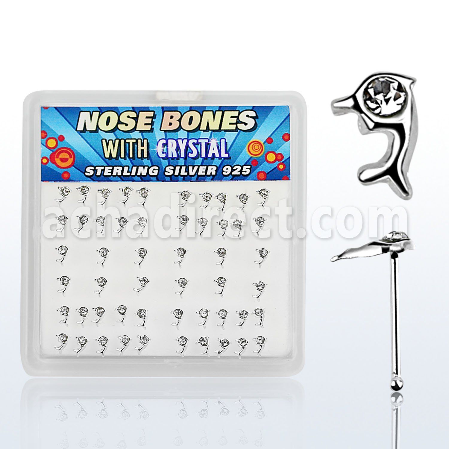 bxdpc silver nose bone with dolphin top with clear crystal
