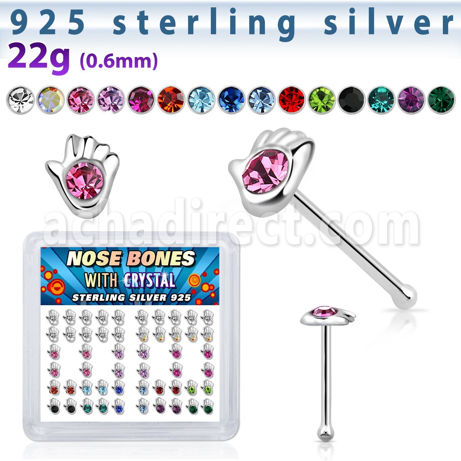 bxhdm silver nose bone withcolored crystal hand shaped top