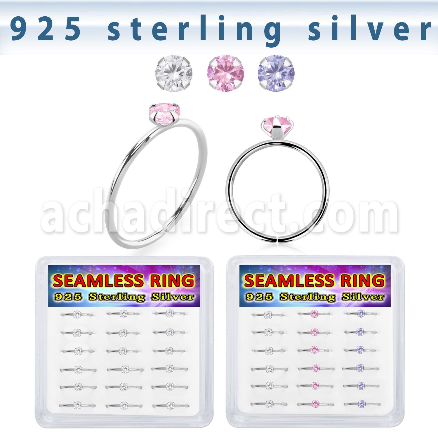 bxnhmx3 silver seamless nose ring 22g color cz 18pcs