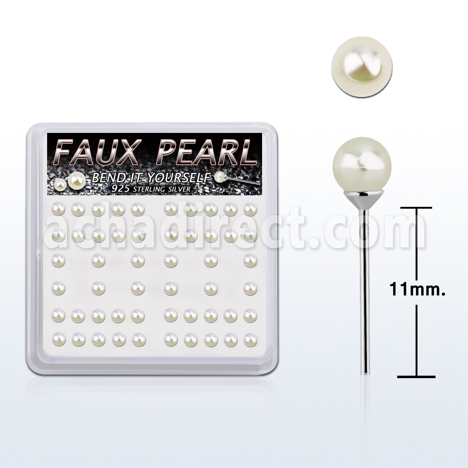 bxnypr3 box w silver unbed nose studs w 3mm pearl ball tops