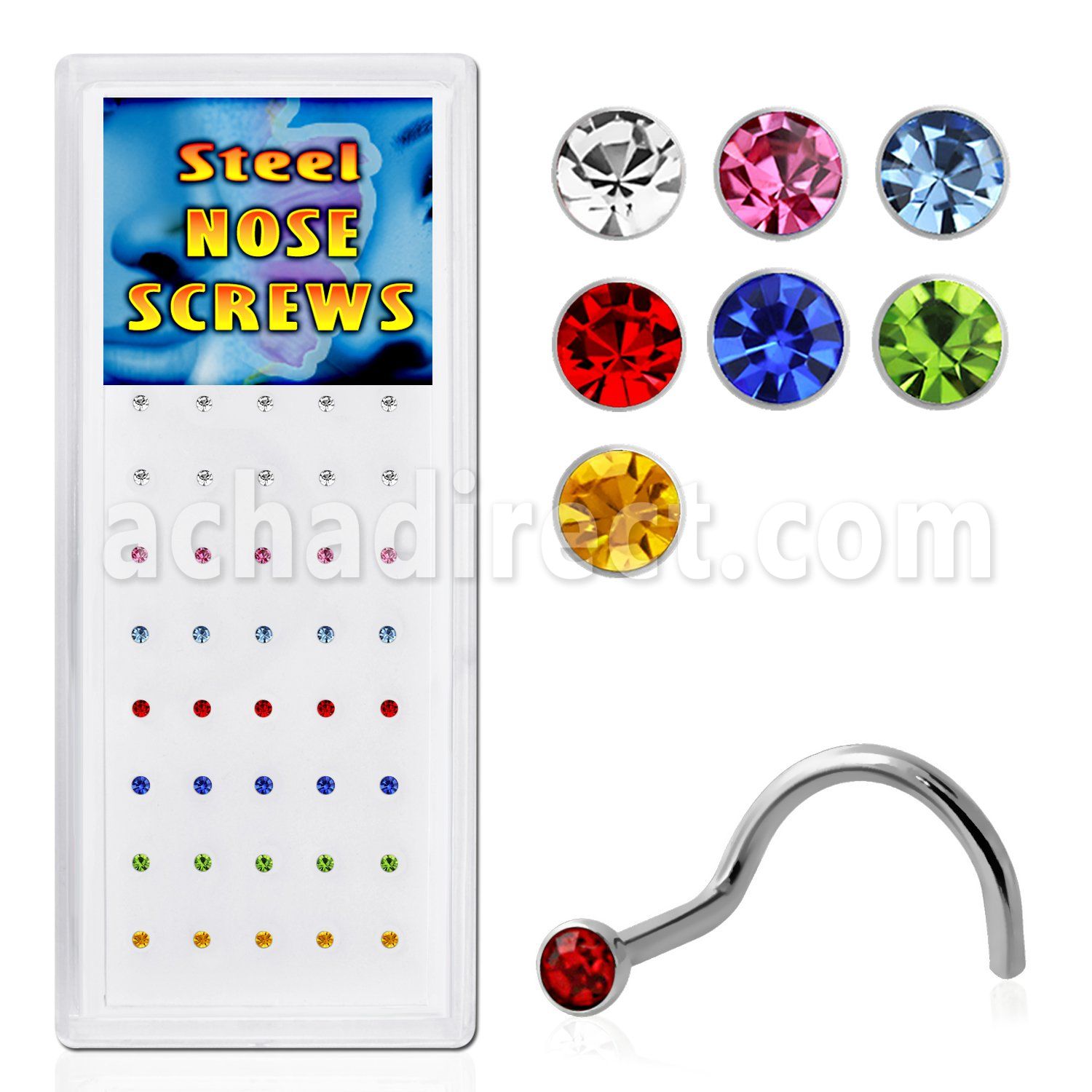 bxs103 316l steel nose screw with colored round crystal top