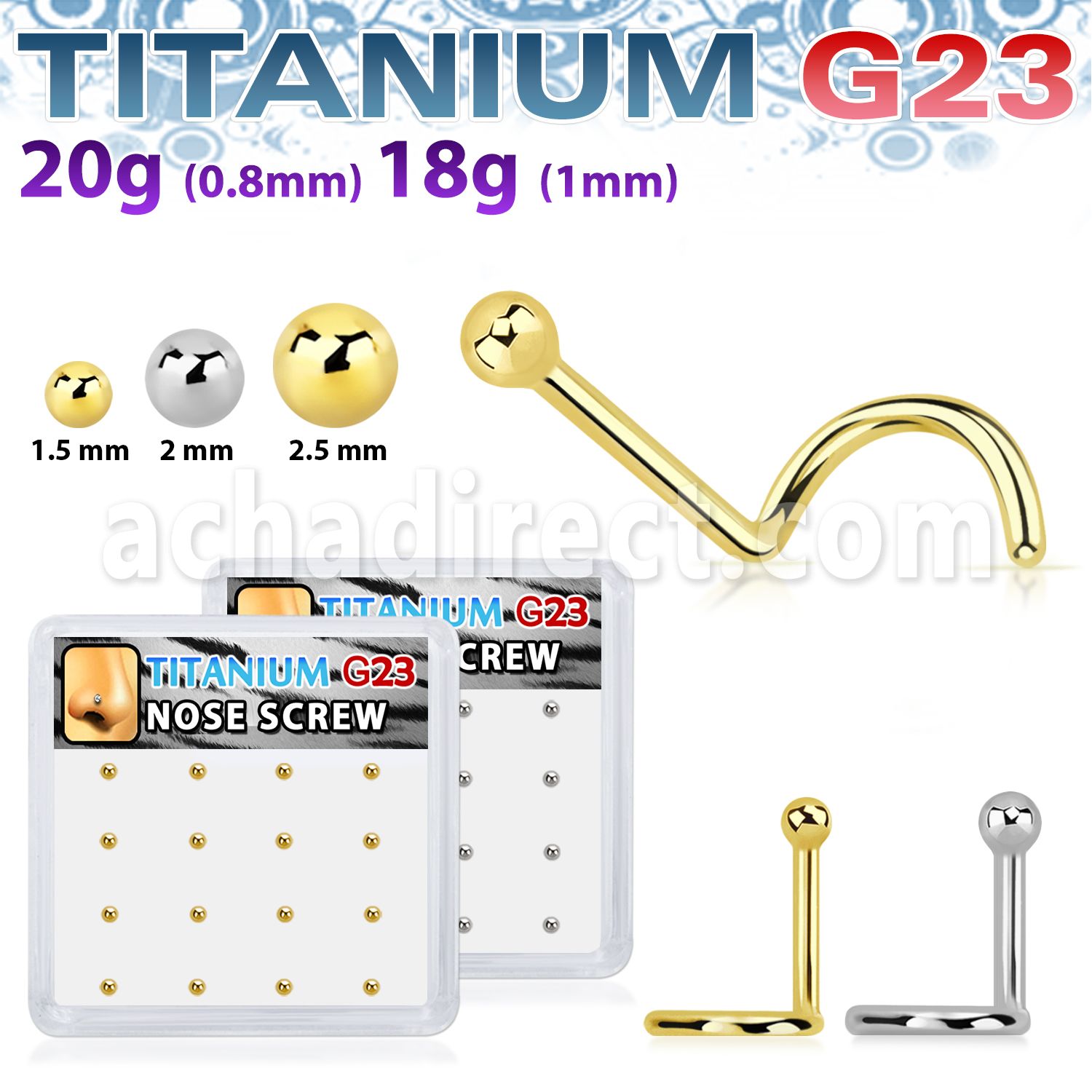 bxuns5 box w titanium g23 nose screws 20g w 2mm ball shaped tops