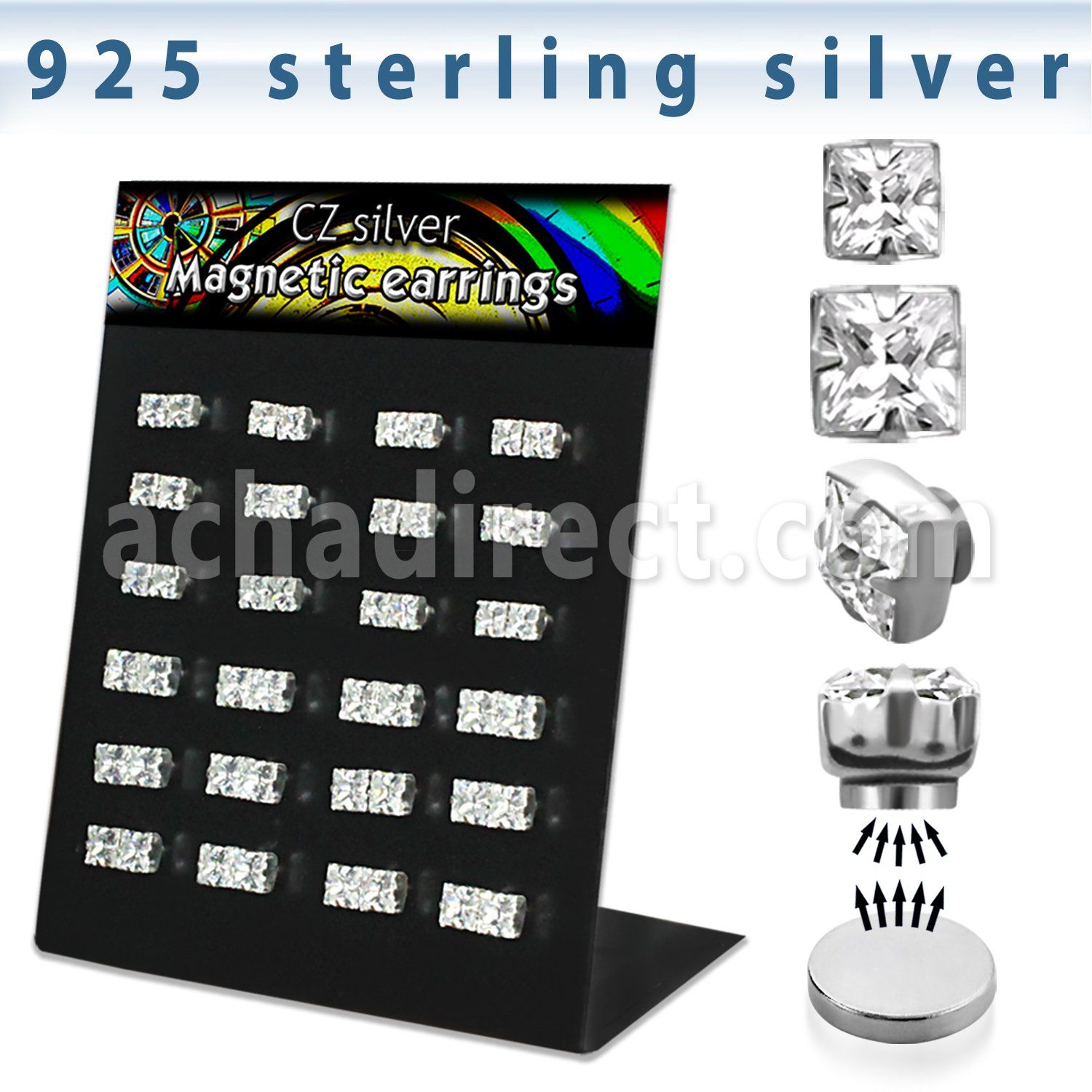 bzqmgc silver magnetic ear stud with prong clear square cz