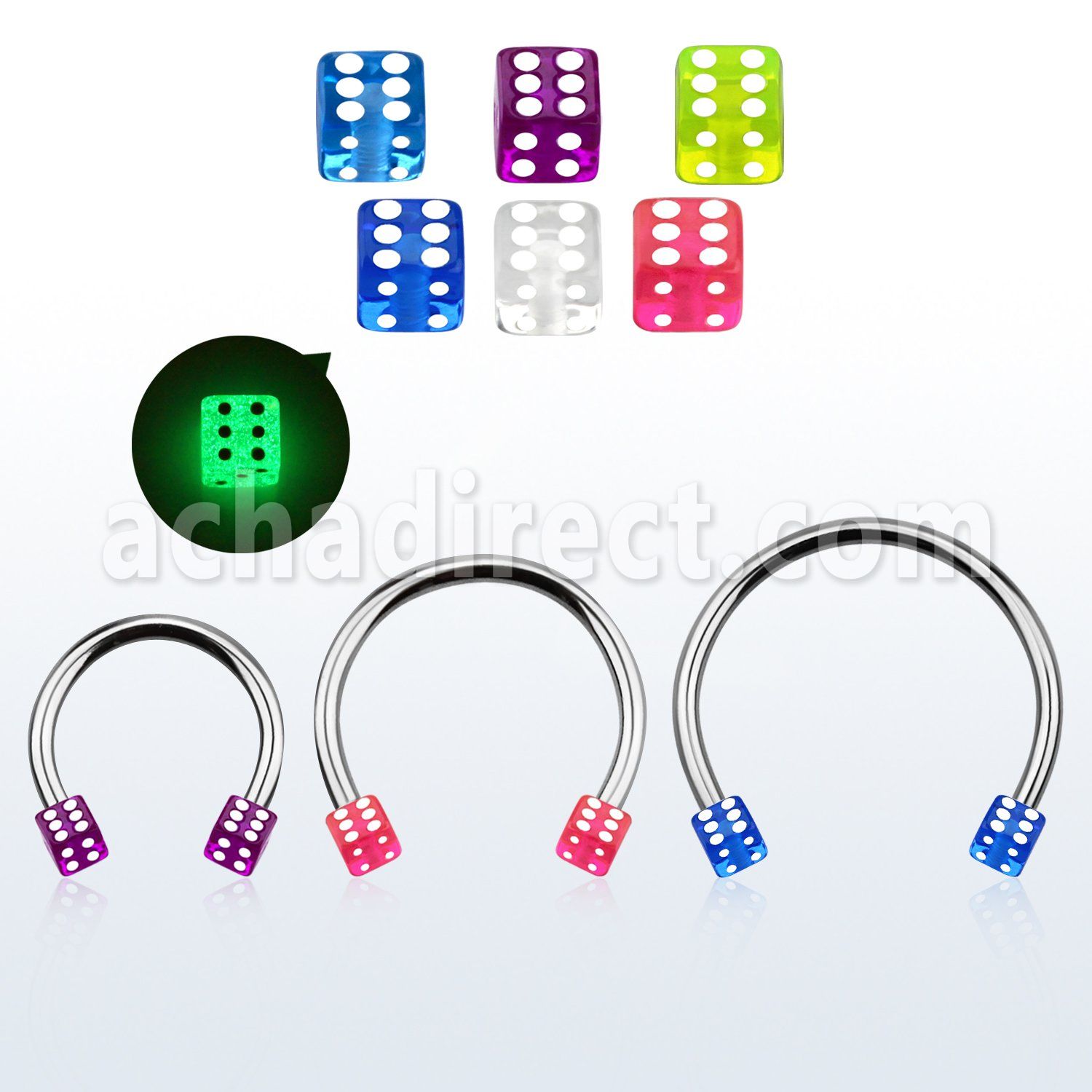 cbegld4l xxl steel circular barbell 16g 4mm glow in the dark dice