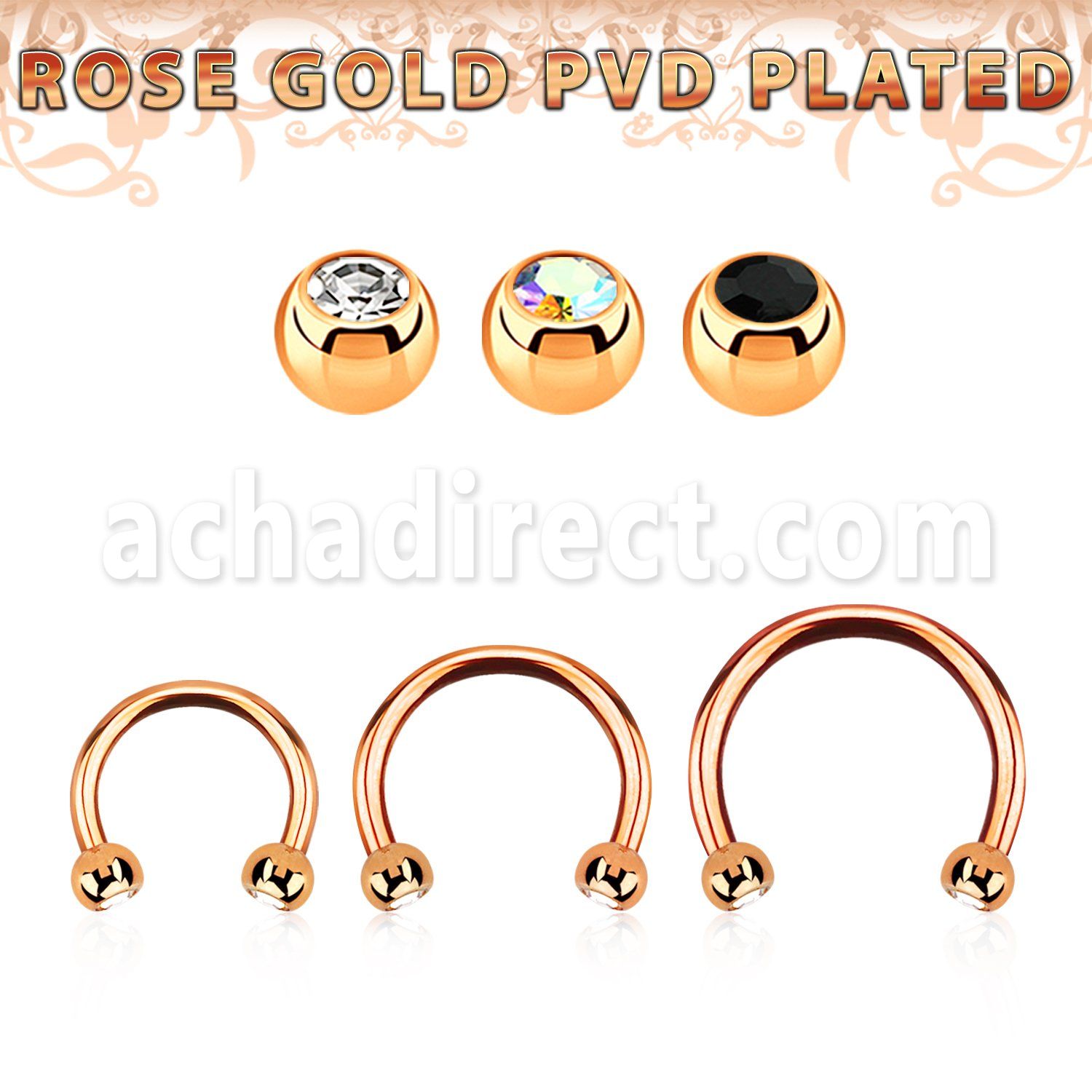 cbett2c rose gold steel circular barbell w 3mm jewel balls