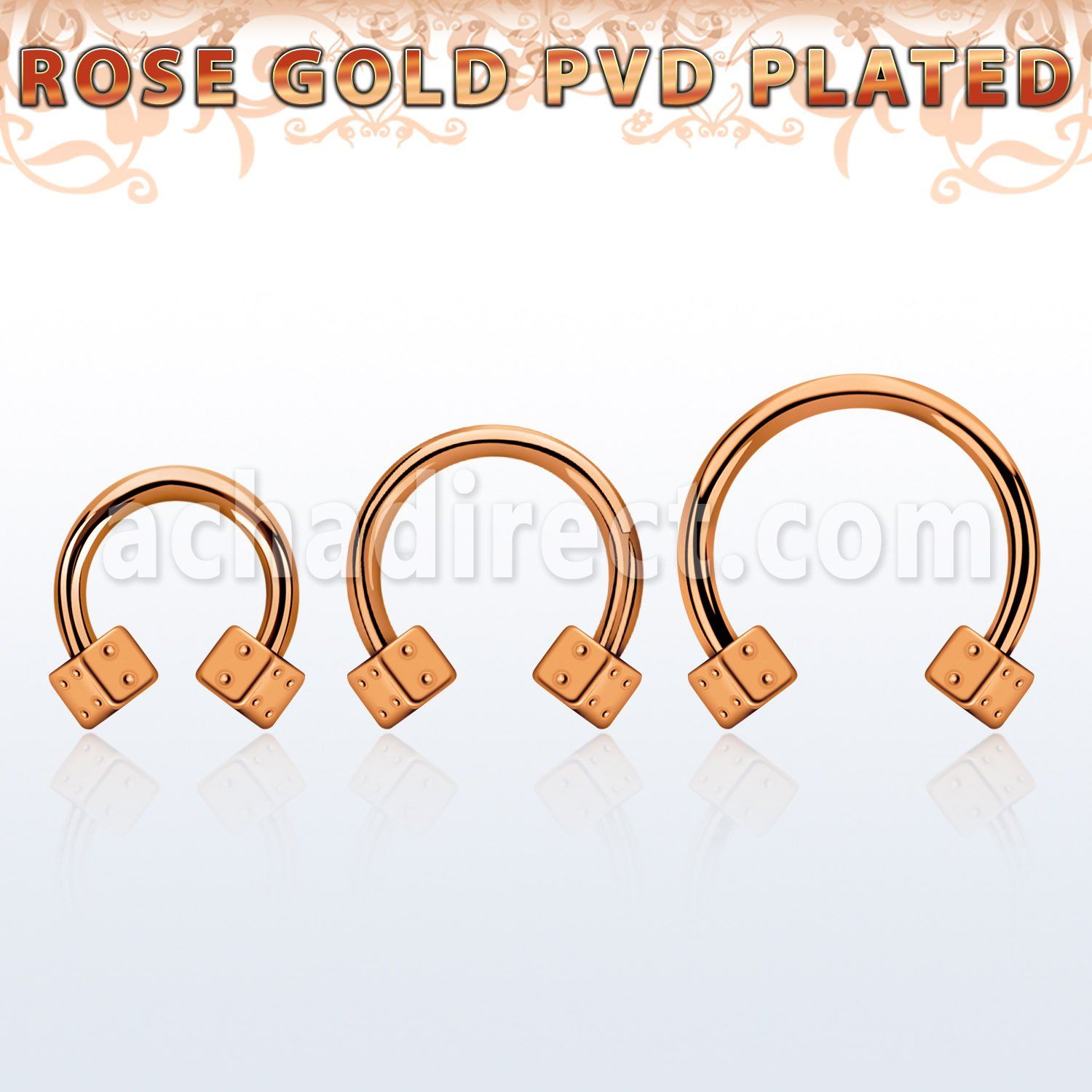 cbettd25 rose gold steel circular barbell w 2 2.5mm dices
