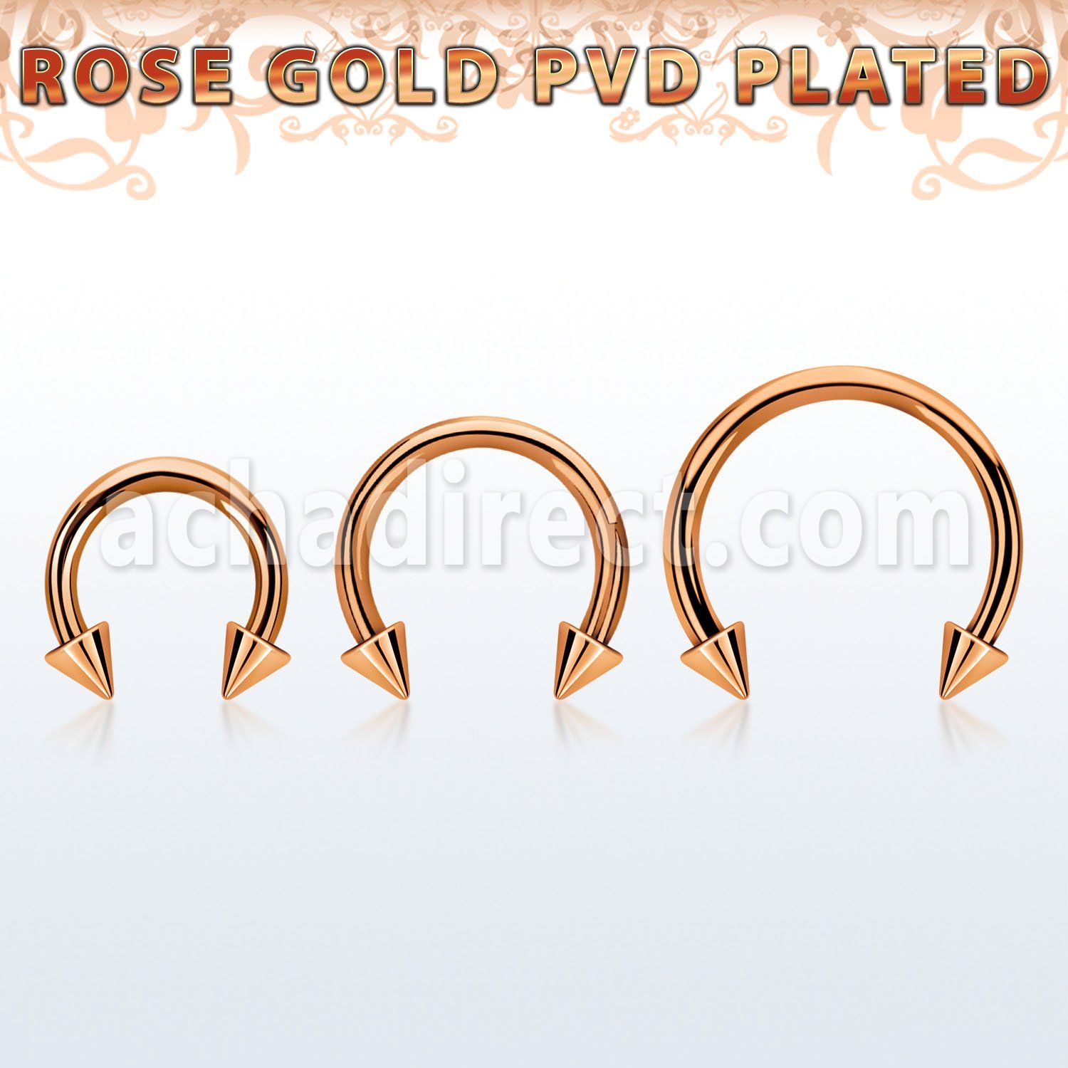 cbettn25 rose gold pvd plated steel circular barbell w 2.5mm cone