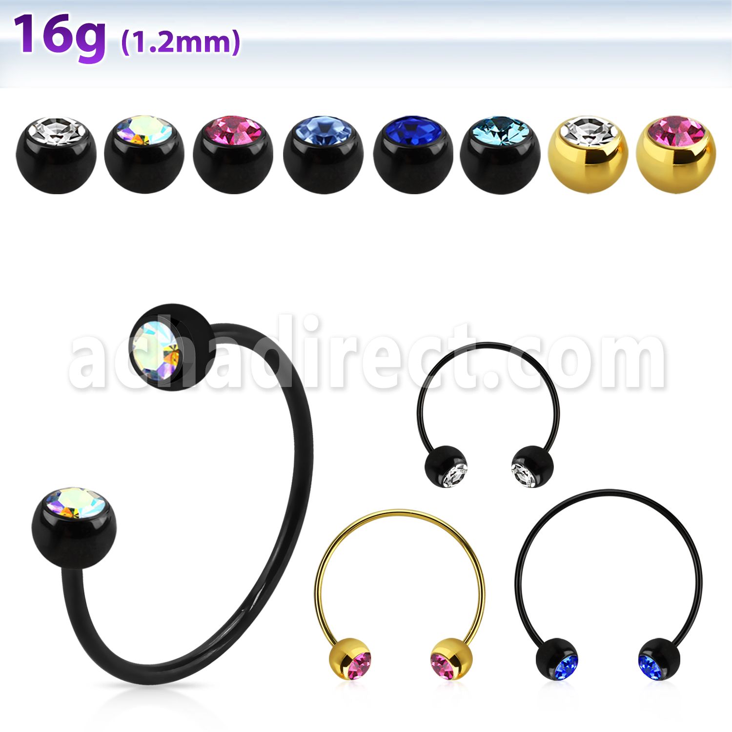 cbstjb5l xxl anodized steel cbr, 16g w 5mm jewel balls w crystals