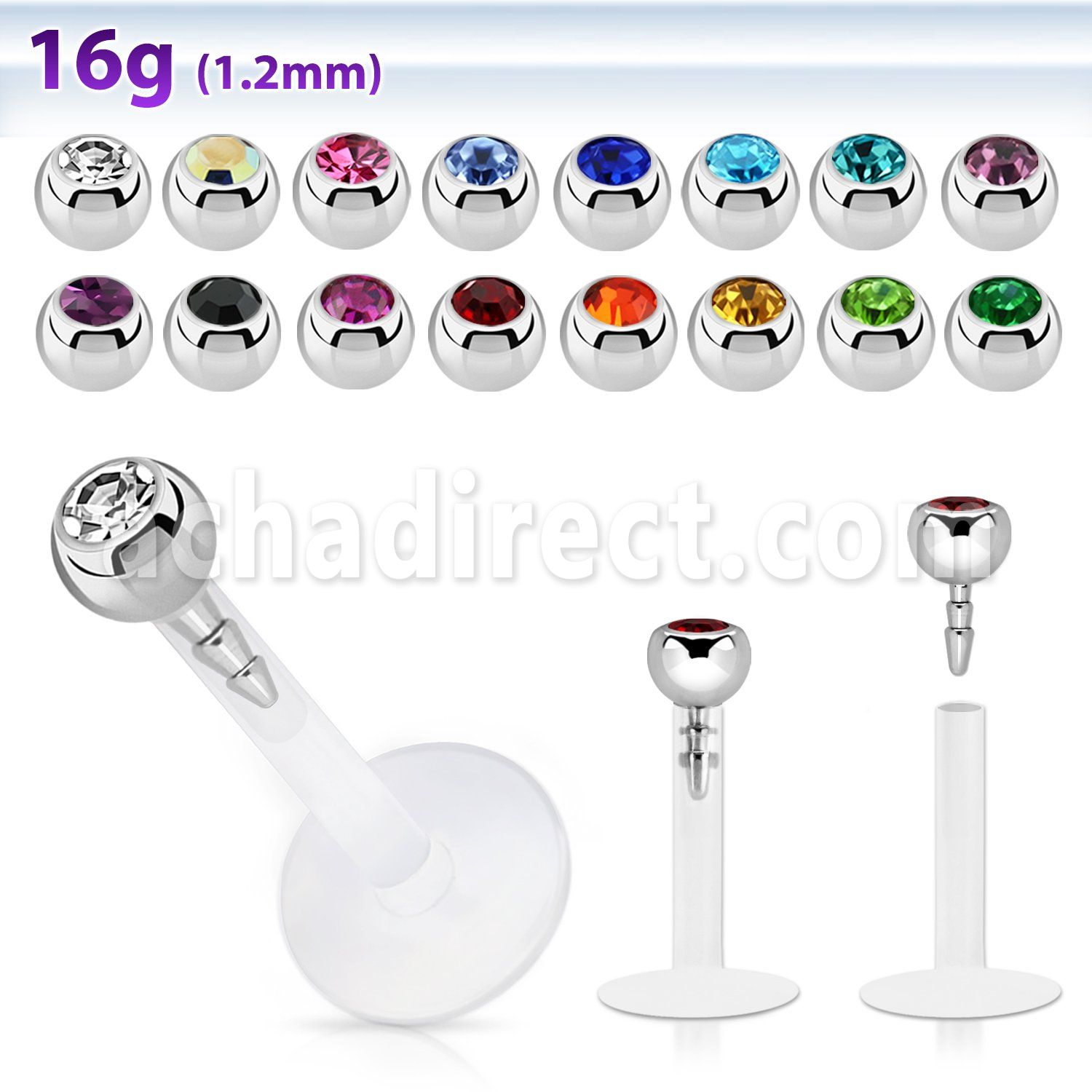 clear bio flexible labret w a 3mm bezel set jewel ball