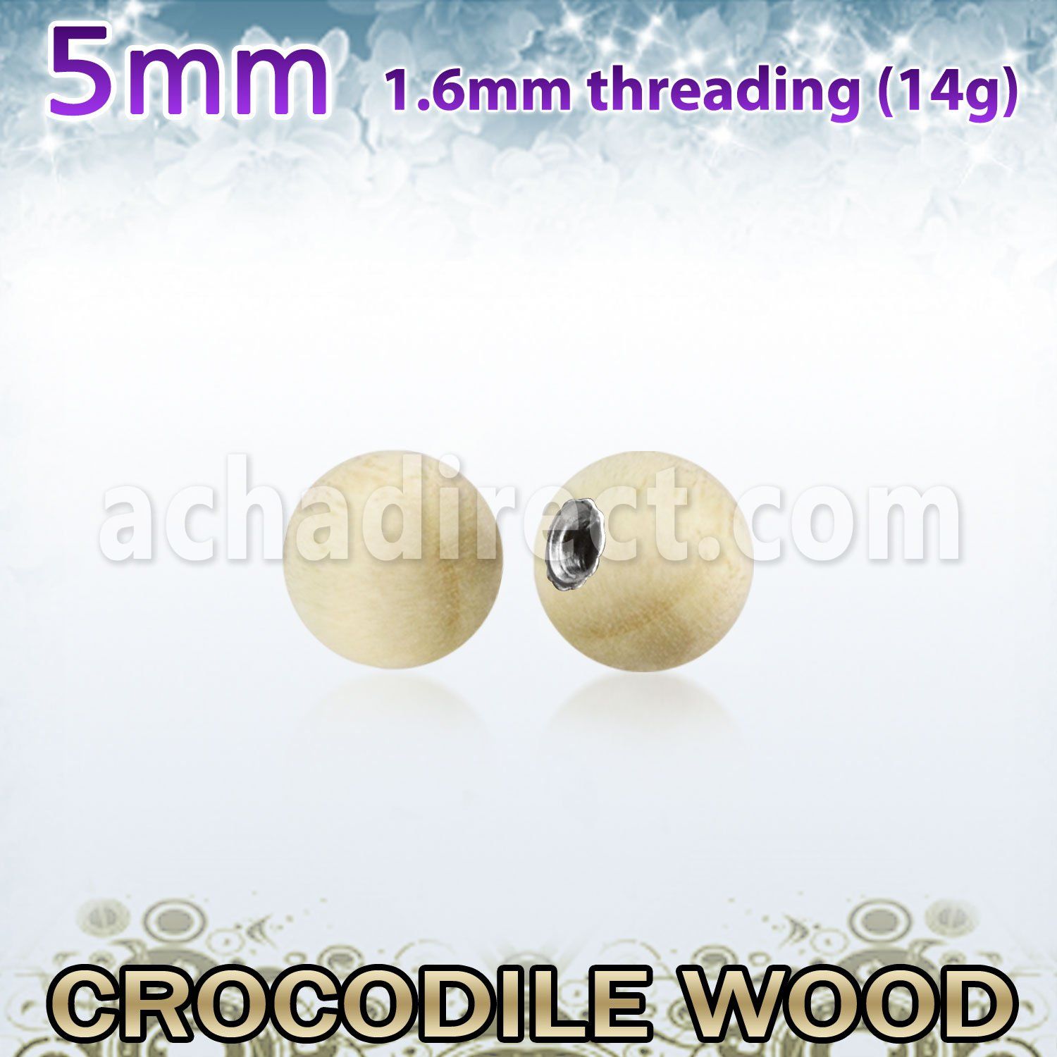 crball5 5mm crocodile wood ball with 316l steel 1.6mm threading