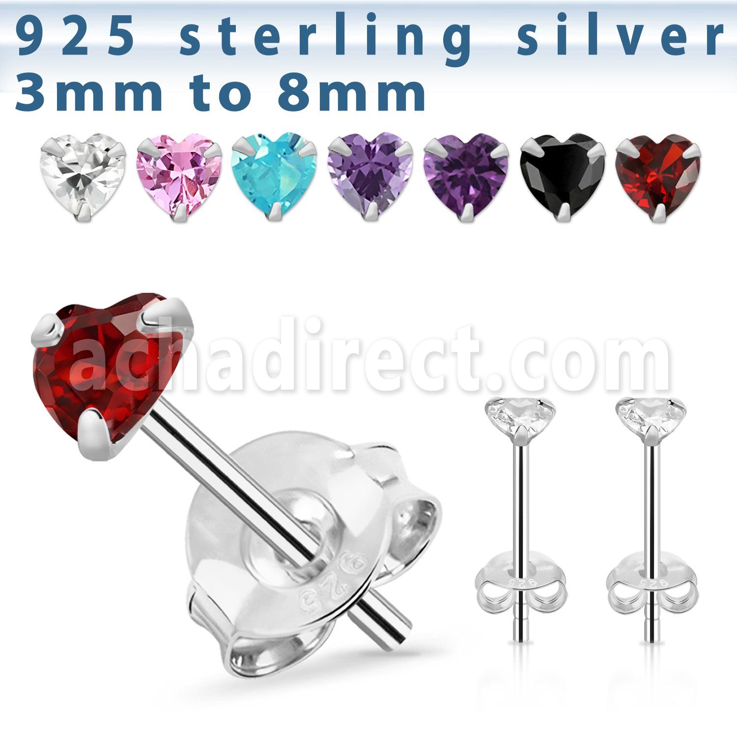 czhtm silver ear studs with heart prong set cz stone